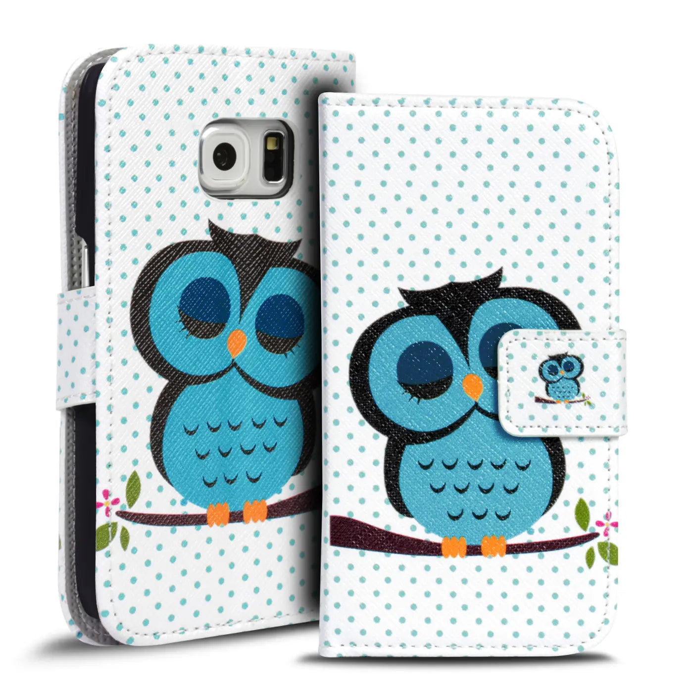 Samsung S6 Klapphülle, weiß mit blauen Punkten, Eulenmotiv, Kunstleder, Vorderansicht