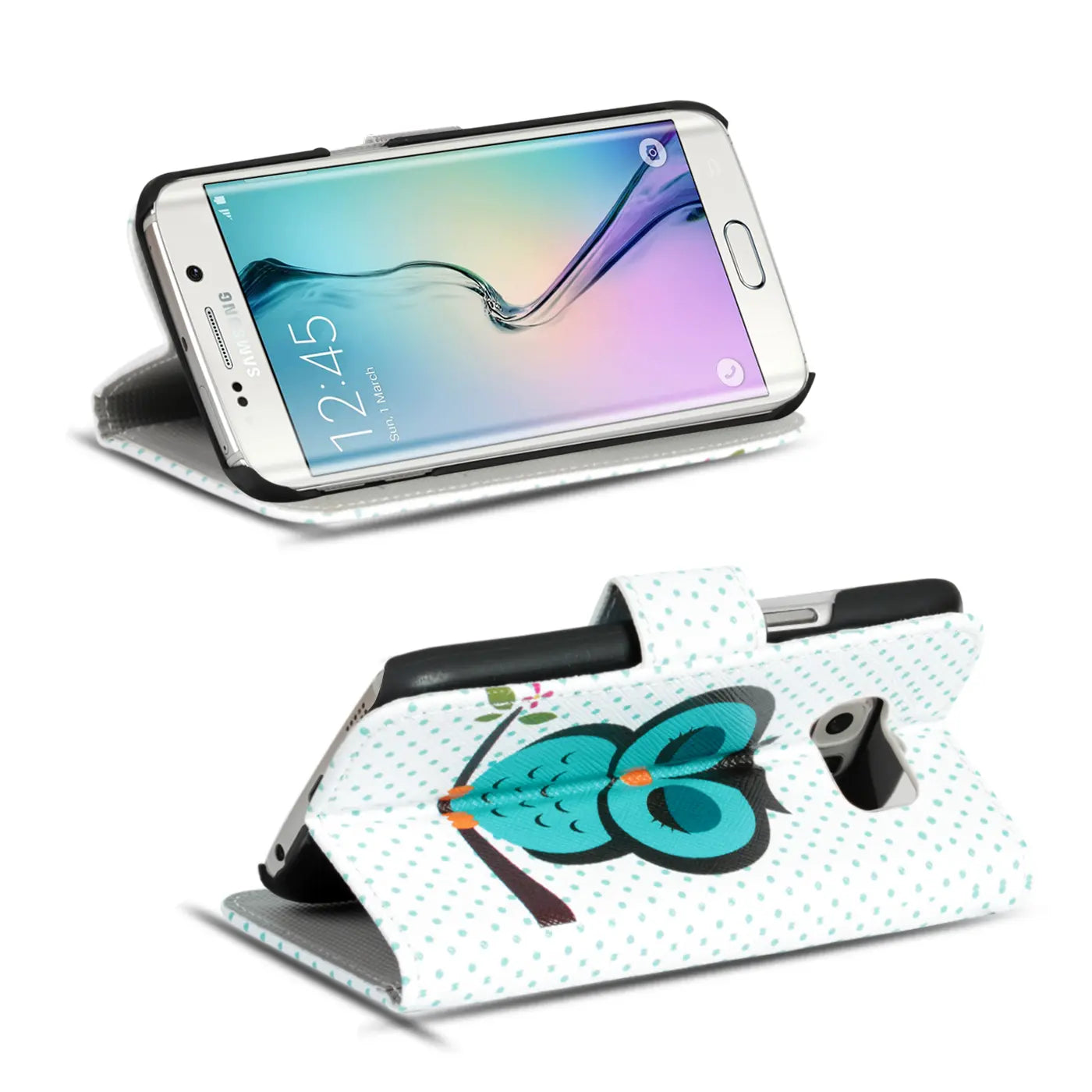 Weiße Klapphülle mit Eulenmotiv für Samsung Galaxy S6, von vorne/oben gezeigt.