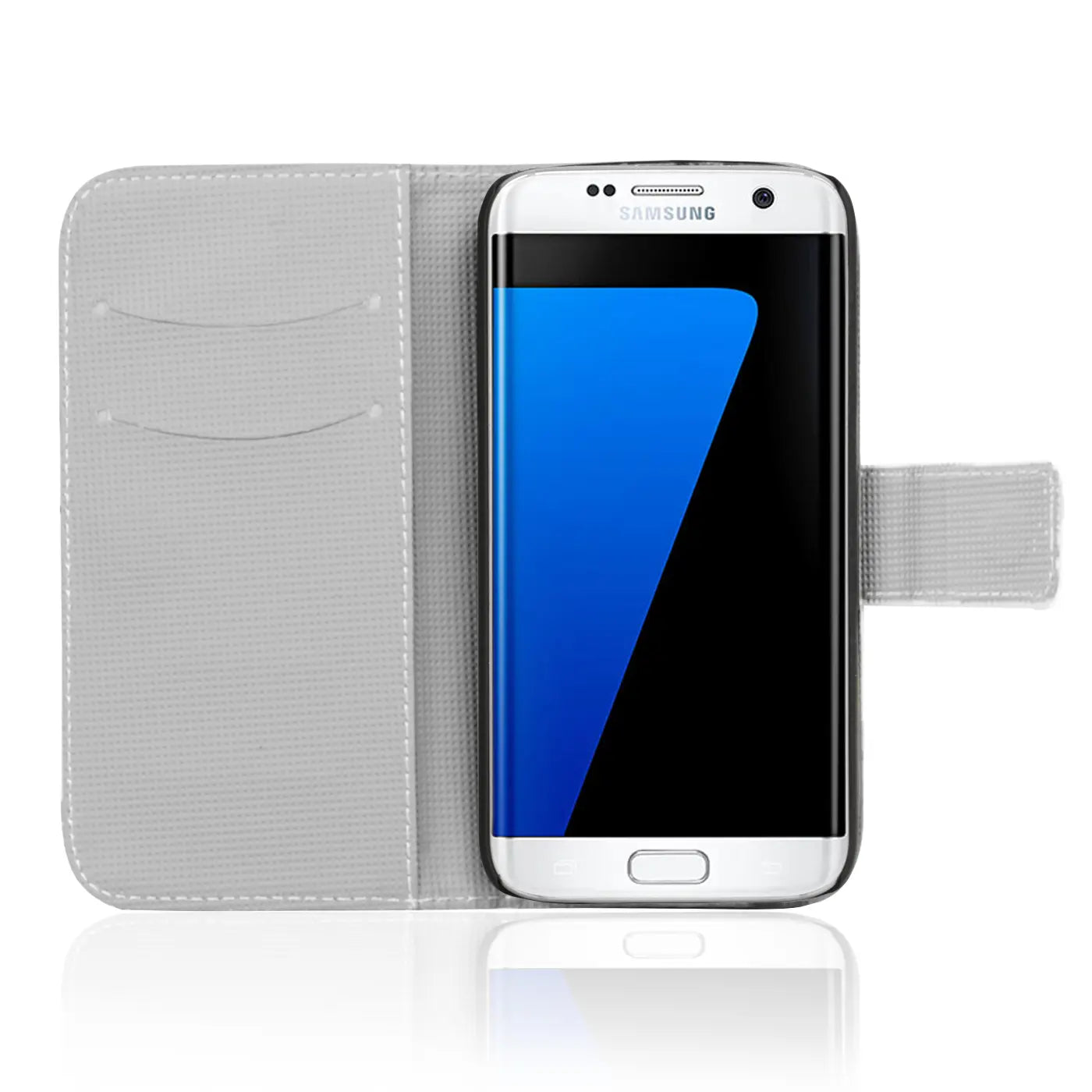 Graue Klapphülle aus Stoff mit Kartenfach, zeigt Samsung Galaxy S8 Plus, Frontansicht.