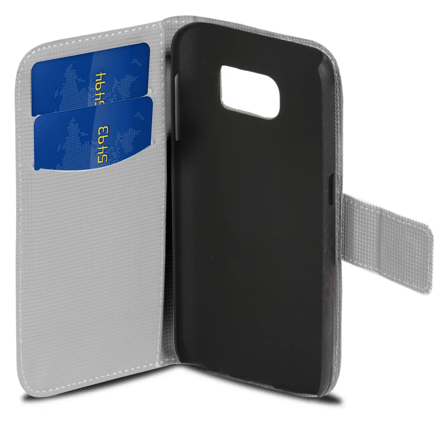 Graue Klapphülle aus Stoff mit Kartenfach, offen, zeigt Innenleben für Samsung Galaxy S8 Plus.