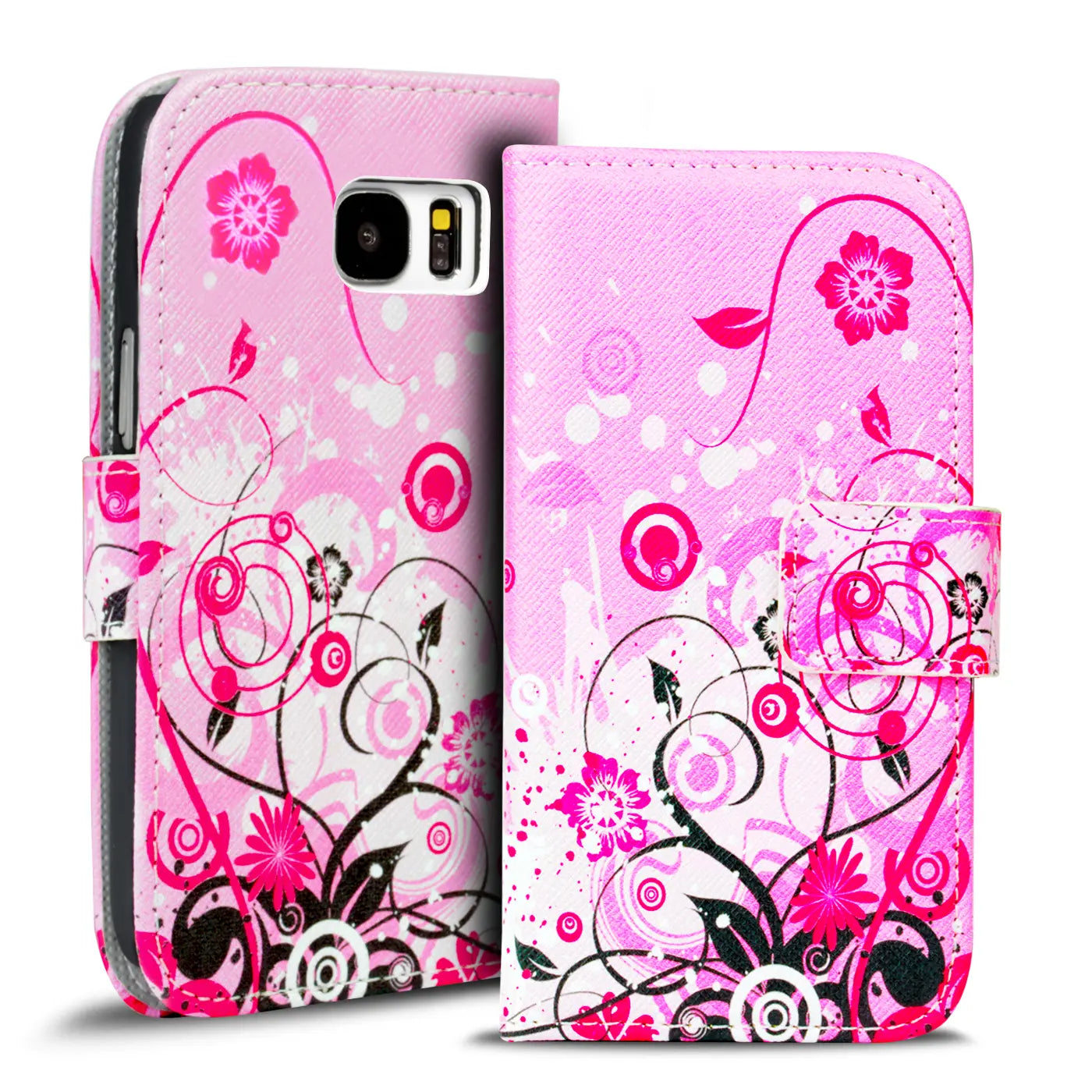 Rosa Klapphülle mit Blumenmuster für Samsung Galaxy S7 Edge, von vorne gezeigt.