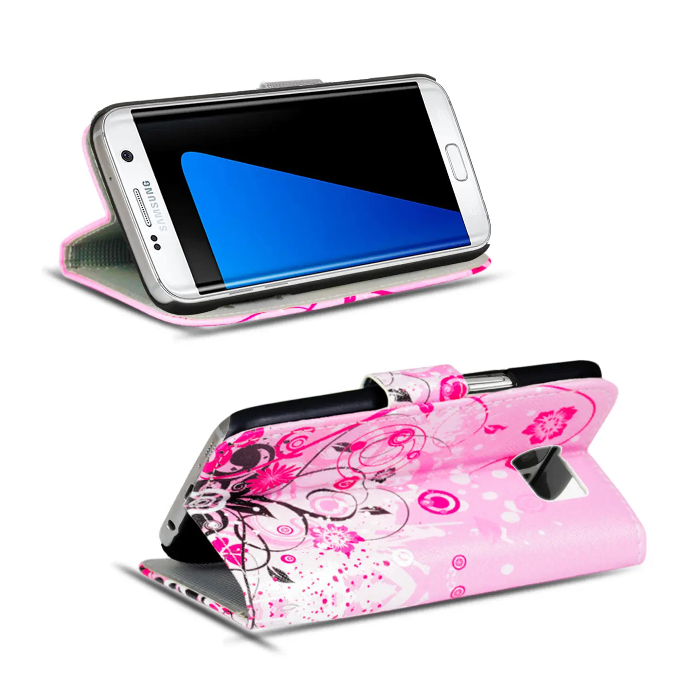 Samsung Galaxy S7 Edge Klapphülle, rosa mit Blumenmuster, Kunstleder, von vorn/oben