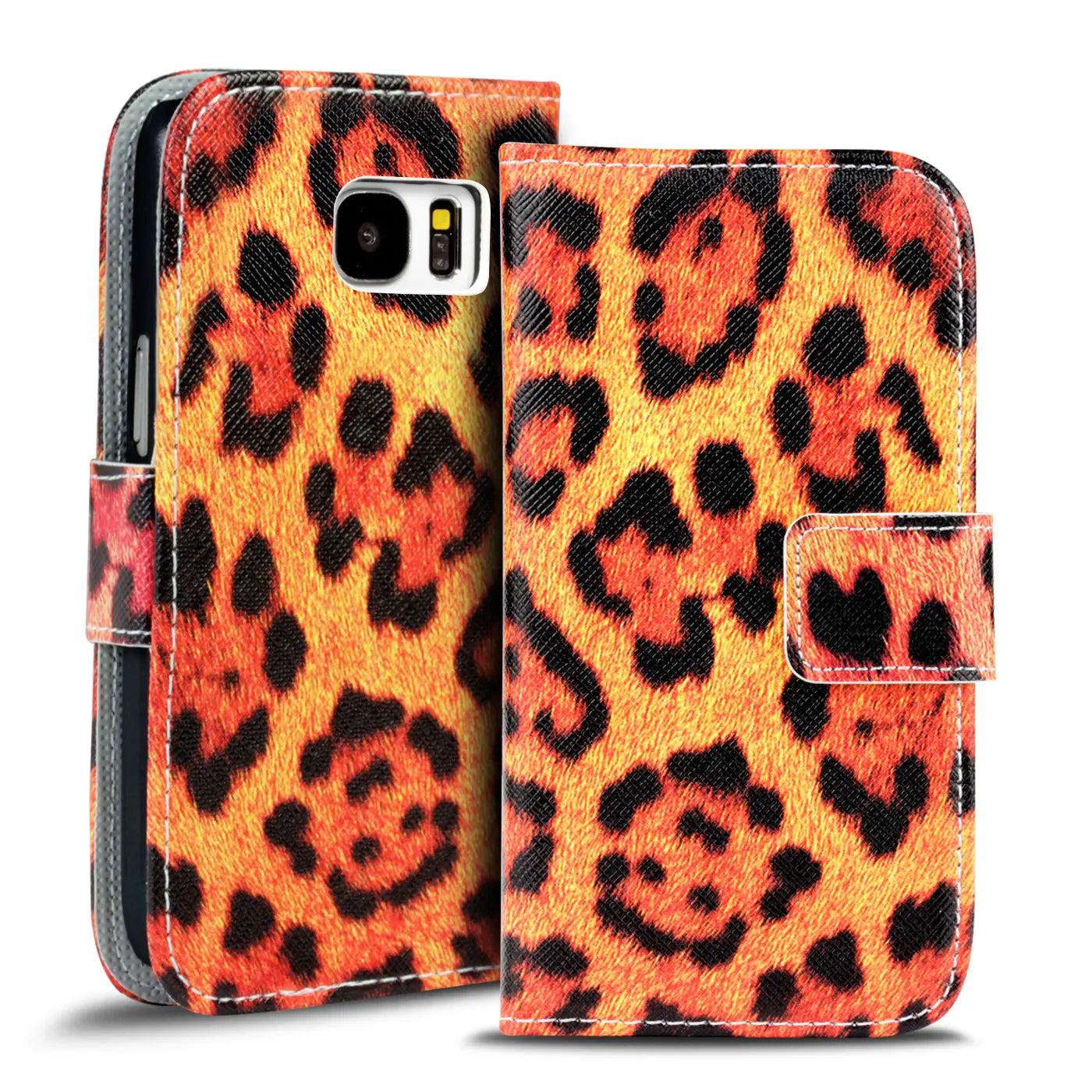 Orange/schwarze Leopardenmuster-Klapphülle aus Kunstleder für Samsung Galaxy S7 Edge.