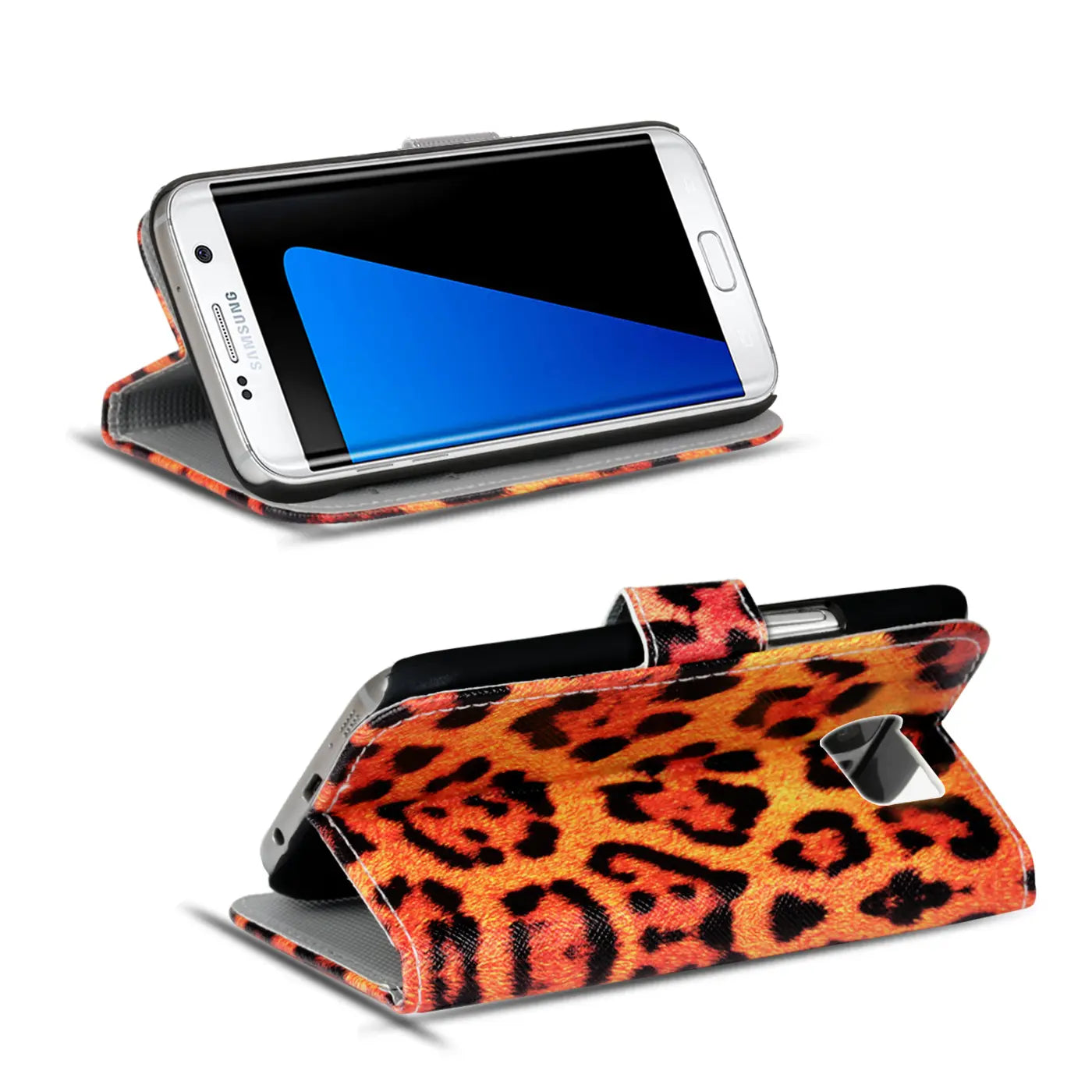 Samsung S7 Edge Klapphülle, orange-schwarz, Leder-Optik, von vorne/oben und von schräg vorne