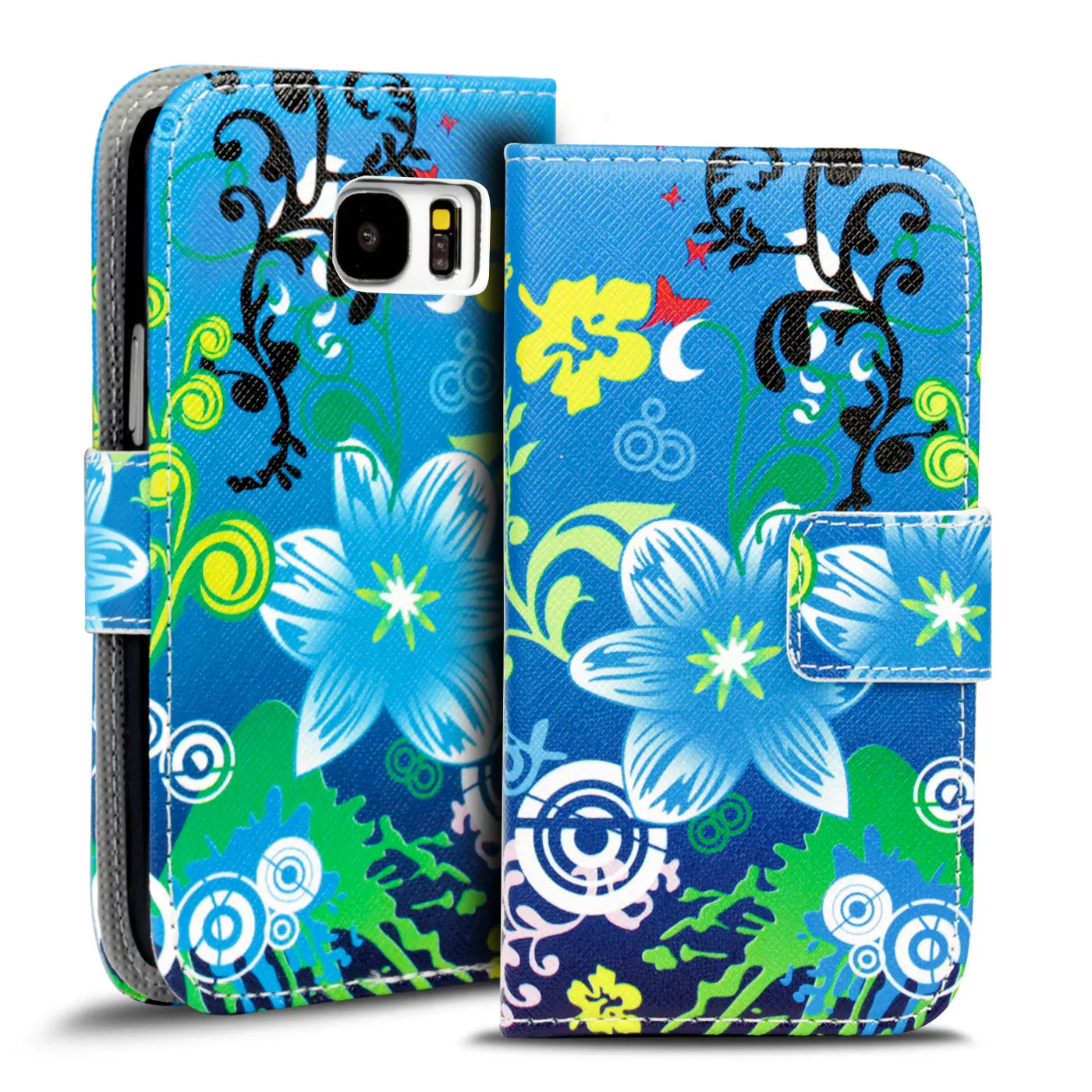 Blaue Klapphülle mit Blumenmuster für Samsung Galaxy S8 Plus, Lederoptik, Frontalansicht