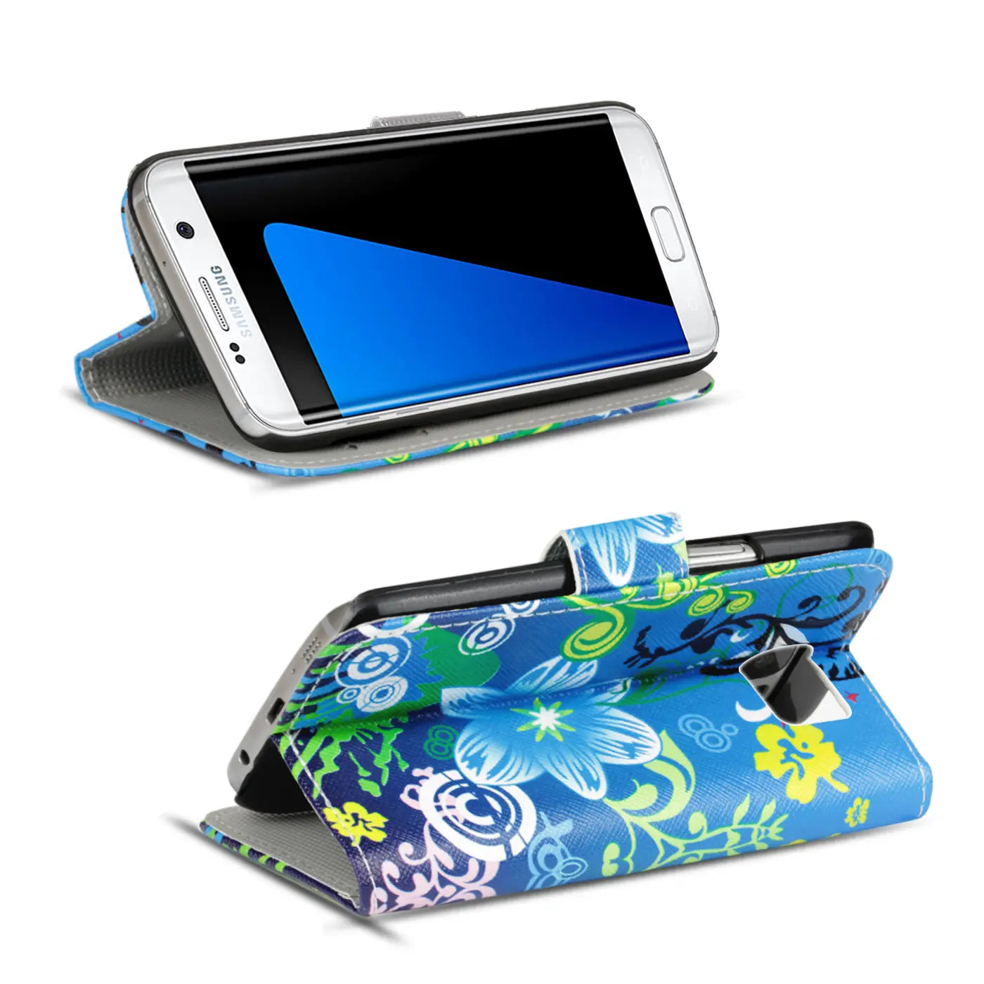 Blau-grüne Blumen-Klapphülle aus Kunstleder für Samsung Galaxy S8 Plus, von vorne/oben.