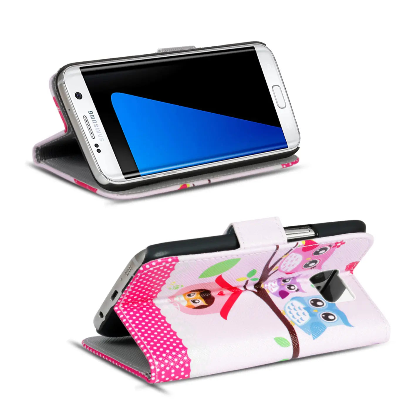 Samsung Galaxy S8 Plus Klapphülle, rosa, Kunstleder, mit Eulenmotiv, von vorne