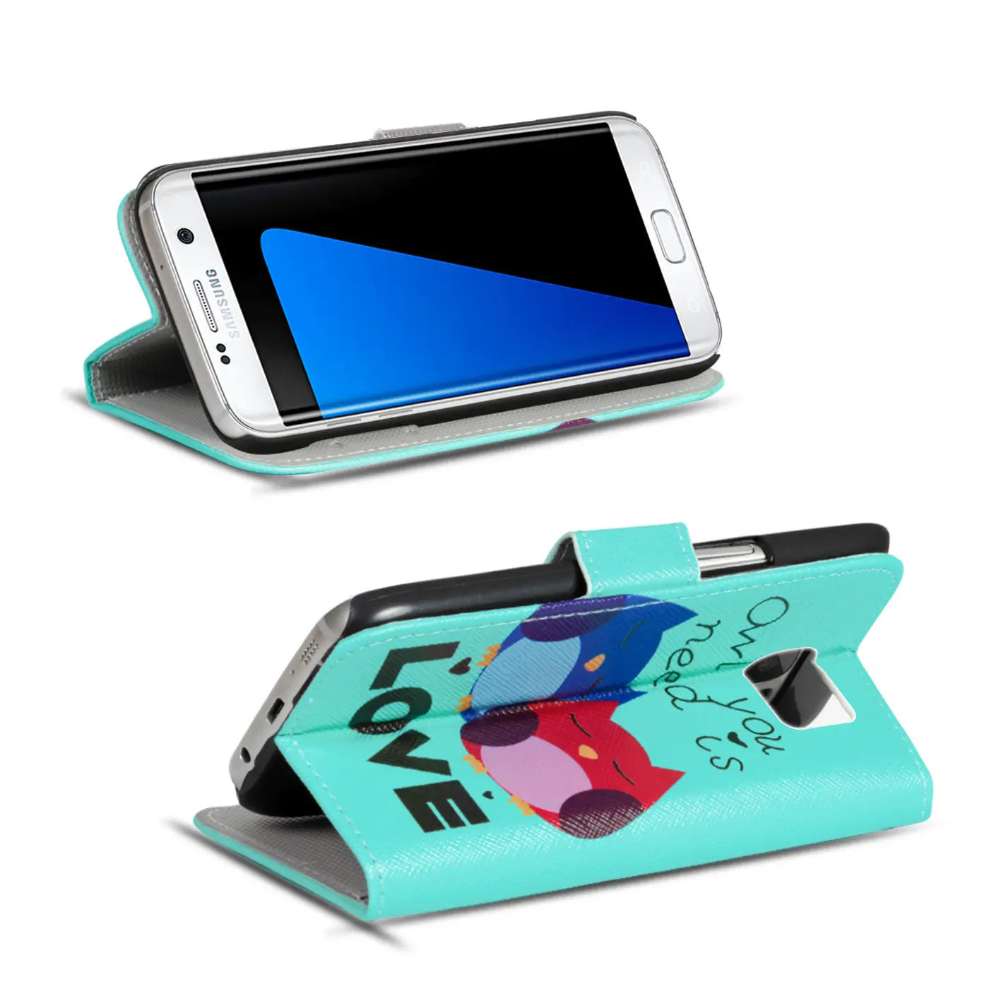 Türkisblaue Kunstlederhülle mit Kartenfach für Samsung S8 Plus, Motiv: Eulen.