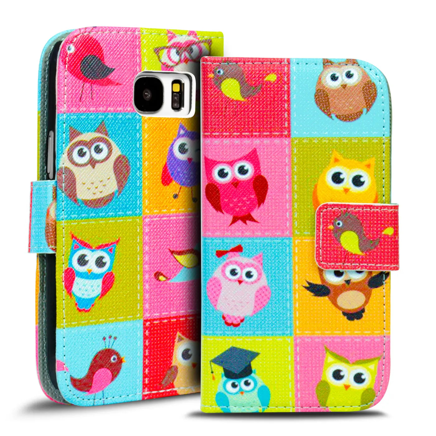 Bunte Klapphülle mit Eulen-Motiv für Samsung Galaxy S8 Plus, Lederoptik, Vorderansicht.