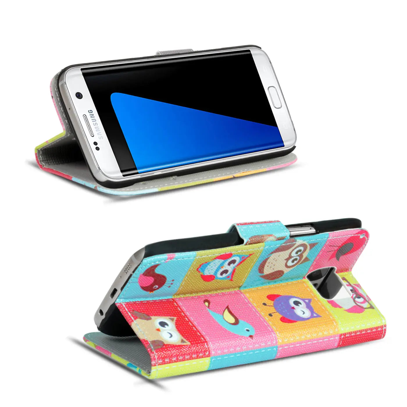 Bunte Klapphülle mit Eulenmotiv für Samsung Galaxy S8 Plus, Kunstleder, von vorne
