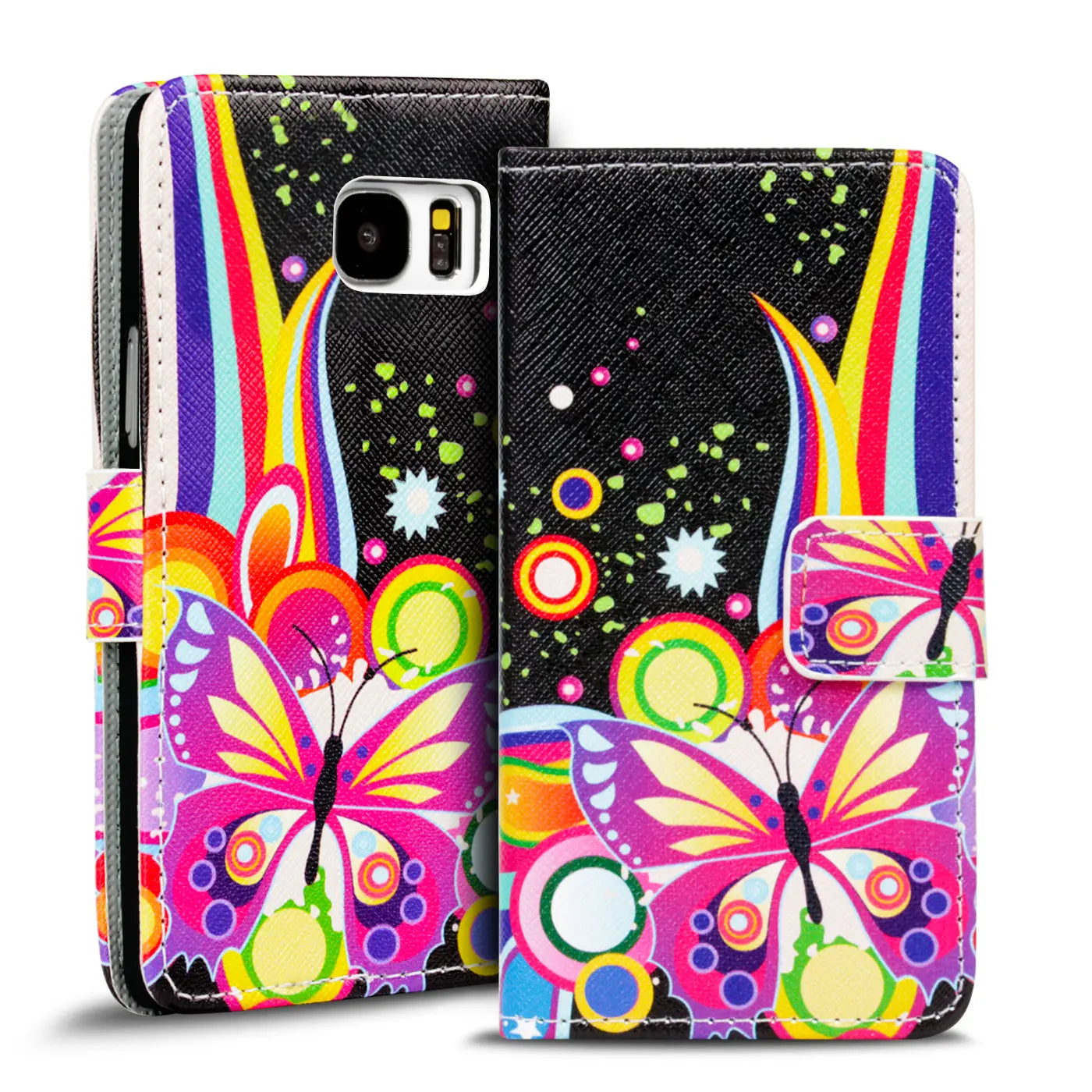 Bunte Klapphülle mit Schmetterlingsmotiv für Samsung Galaxy S8 Plus, Leder, Vorderansicht.