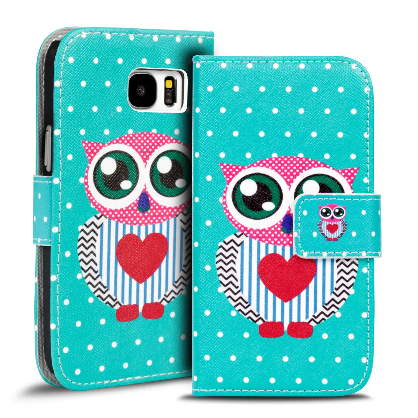Türkis gemustertes Klapphandyhülle mit Eulenmotiv, Leder, Vorderansicht, Samsung S8 Plus