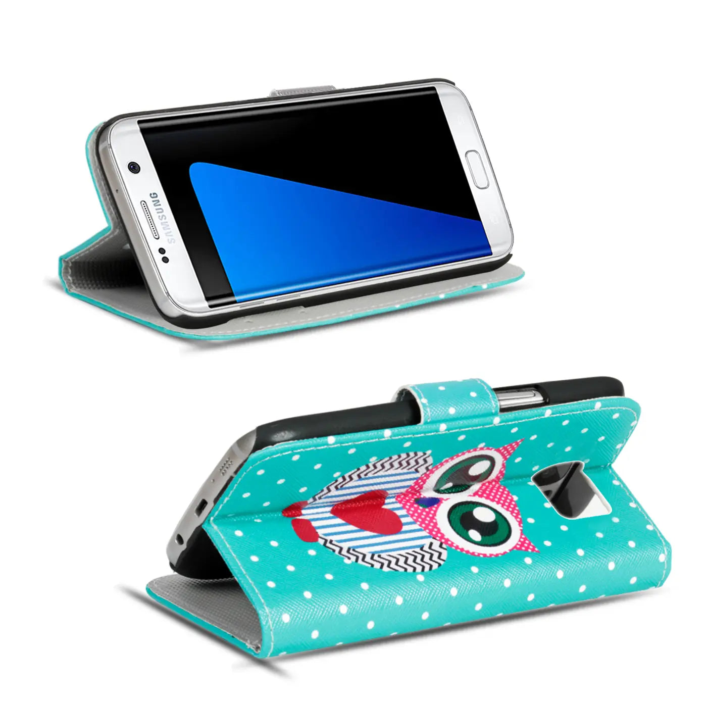 Türkis-weiße Punkte, Kunstleder, Klapphülle mit Eulenmotiv, Samsung Galaxy S8 Plus.