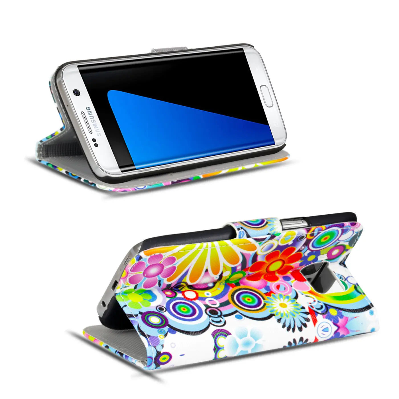 Bunte Klapphülle mit Kartenfach für Samsung Galaxy S8 Plus, aus Kunstleder, von vorne und von der Seite gezeigt.