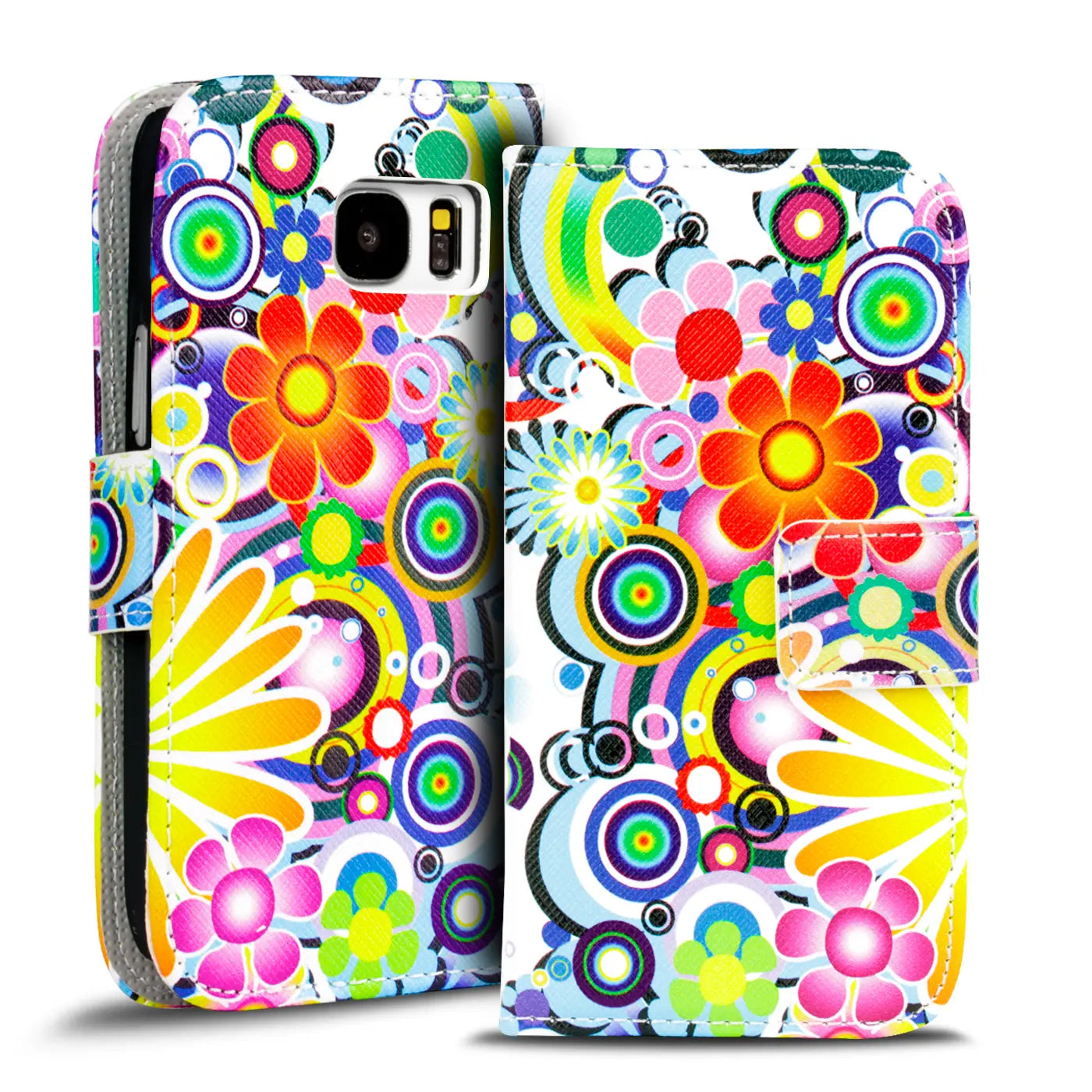 Samsung S8 Plus Klapphülle, buntes Blumenmuster, Kunstleder, Vorderansicht