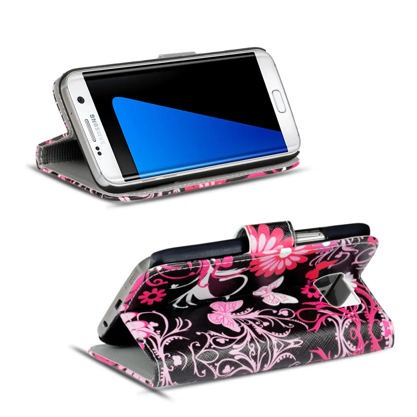 Samsung Galaxy S8 Plus Klapphülle, schwarz/pink, Kunstleder, mit Motiv