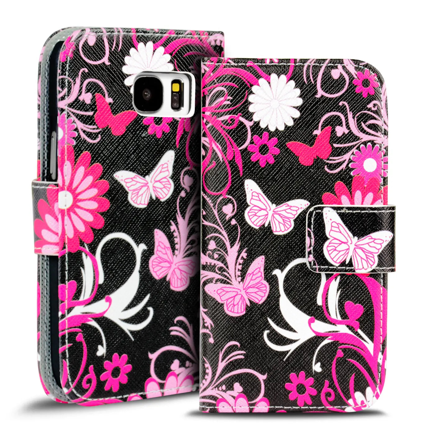 Schwarze Klapphülle mit pinken Schmetterlingen/Blumen für Samsung S8 Plus, Lederoptik, Frontalansicht