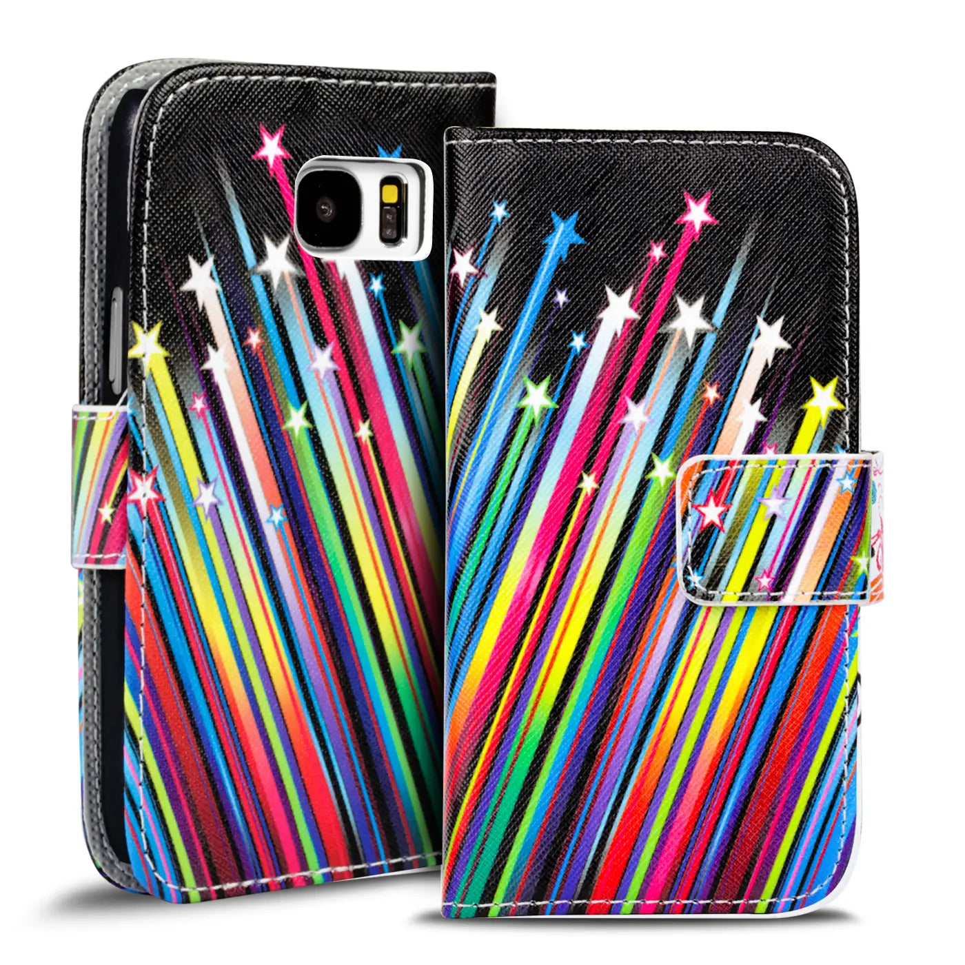 Schwarze Klapphülle mit Sternenmotiv, Kunstleder, Vorderansicht, für Samsung Galaxy S8 Plus