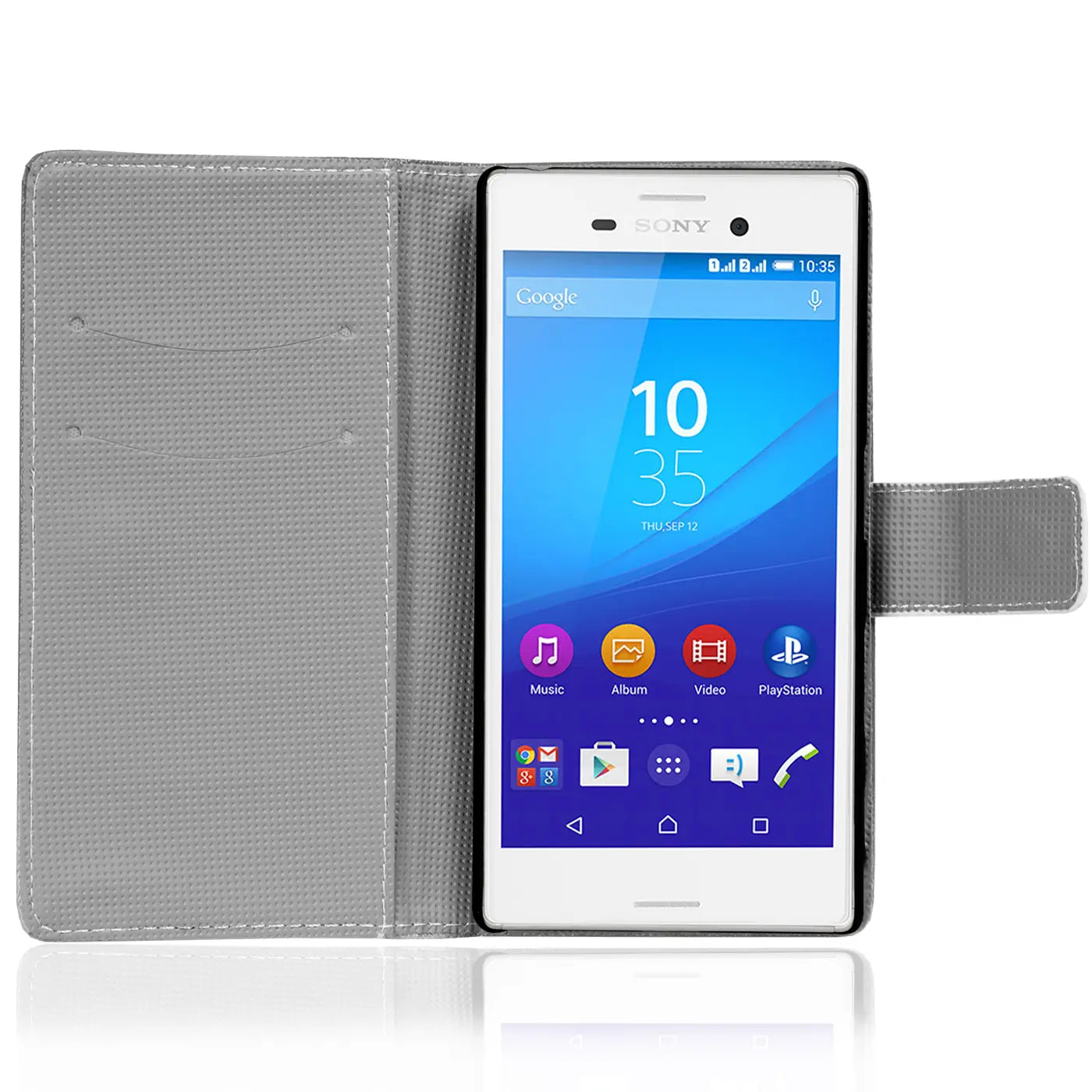 Graue Klapphülle aus Stoff mit Kartenfach, Sony Xperia M4 Aqua, Frontalansicht