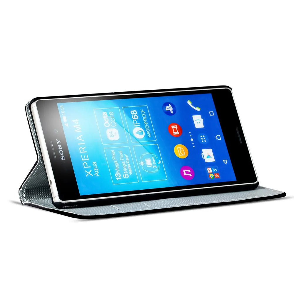Klapphülle mit buntem Motivdesign für Sony Xperia M4 Aqua – mit Kartenfach und Magnetverschluss