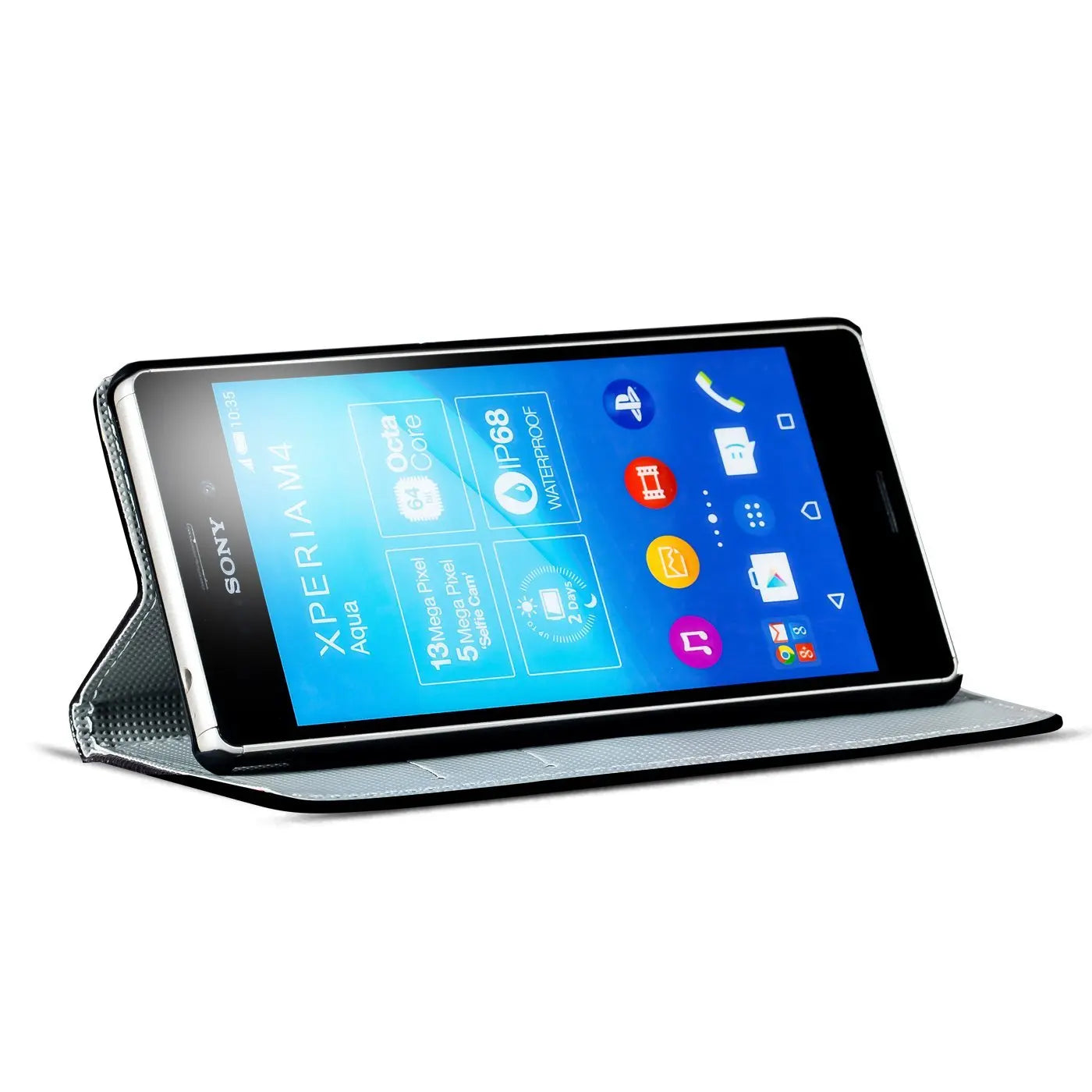 Sony Xperia M4 Aqua in grauer Klapphülle, von vorne links, mit Kartenfach.