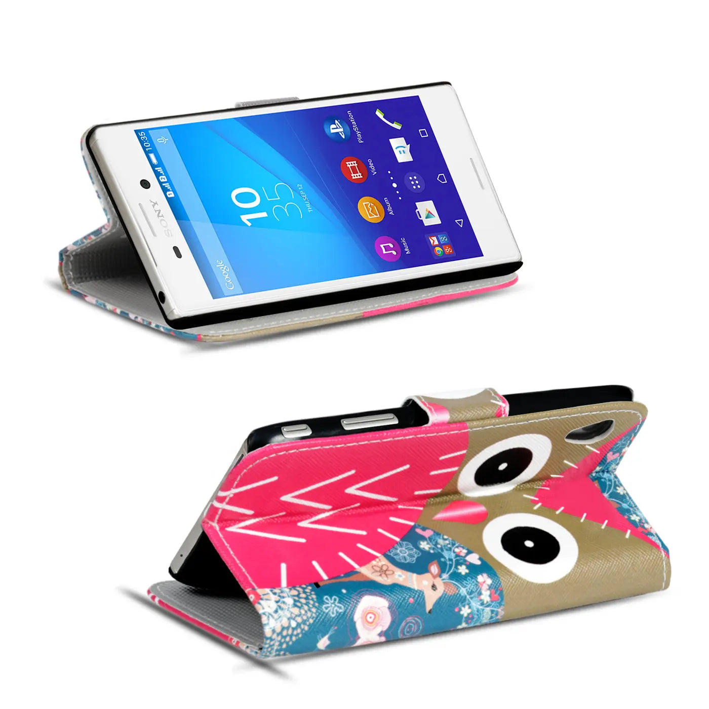 Sony Xperia M4 Aqua Klapphülle, Leder, Motiv Eule, von vorne und hinten gezeigt
