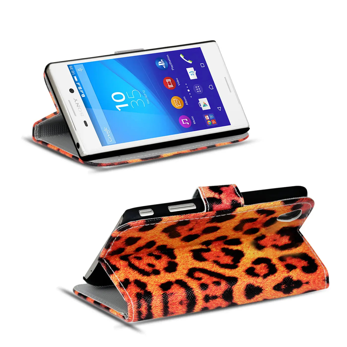 Sony Xperia M4 Aqua Klapphülle, Leopardenmuster, Lederoptik, von vorne und hinten