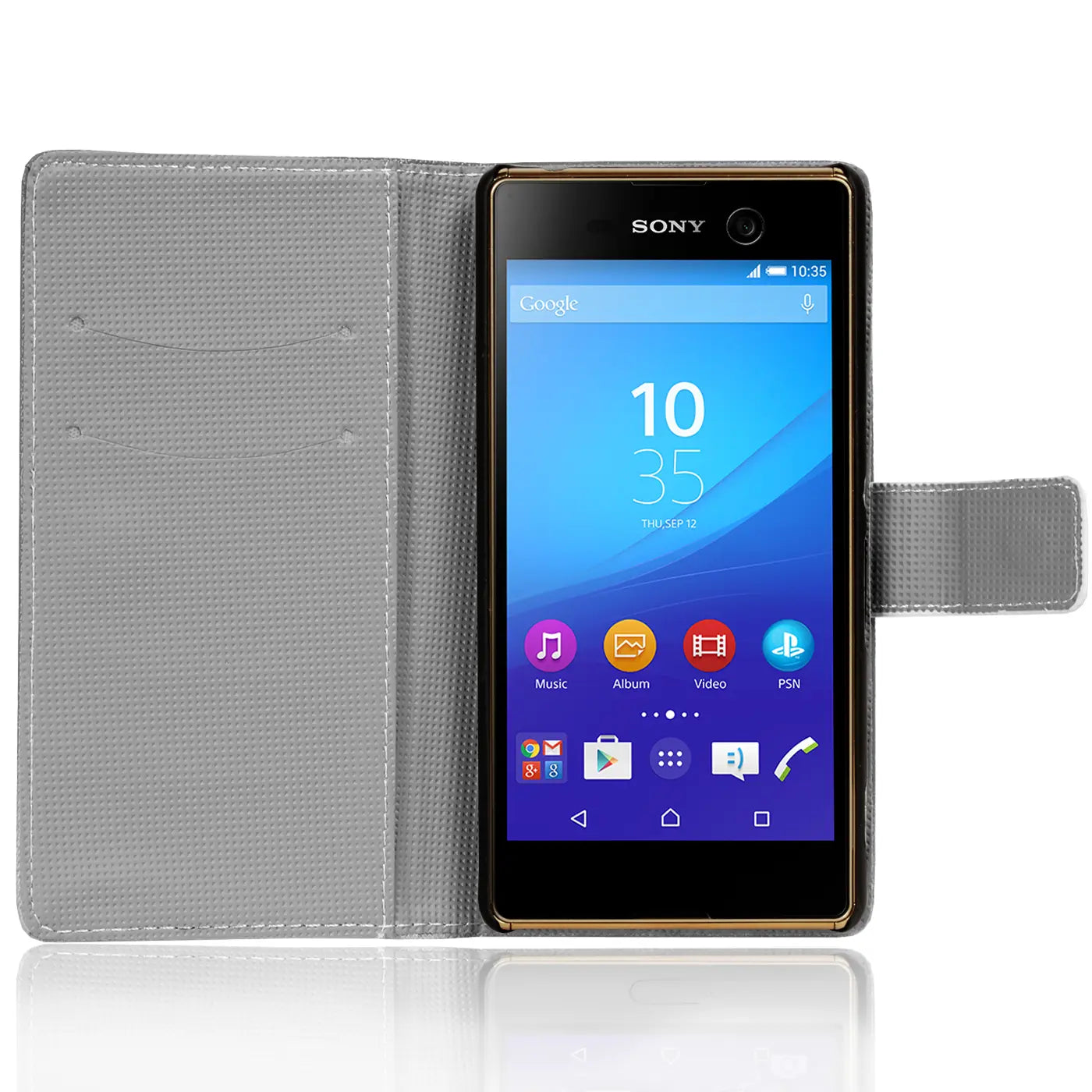 Graue Klapphülle aus Kunstleder mit Kartenfach, zeigt Sony Xperia M5 von vorne.