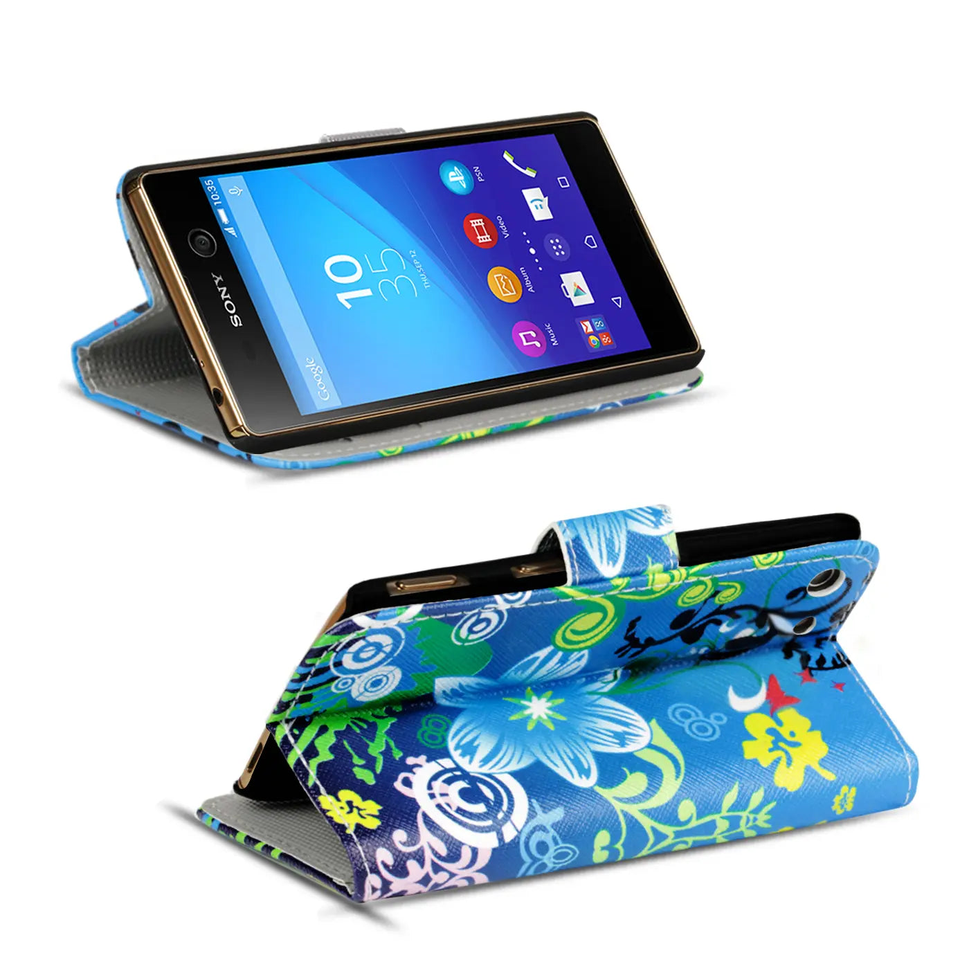 Sony Xperia M5 Klapphülle, blau mit Blumenmuster, Lederoptik, von vorne und von der Seite