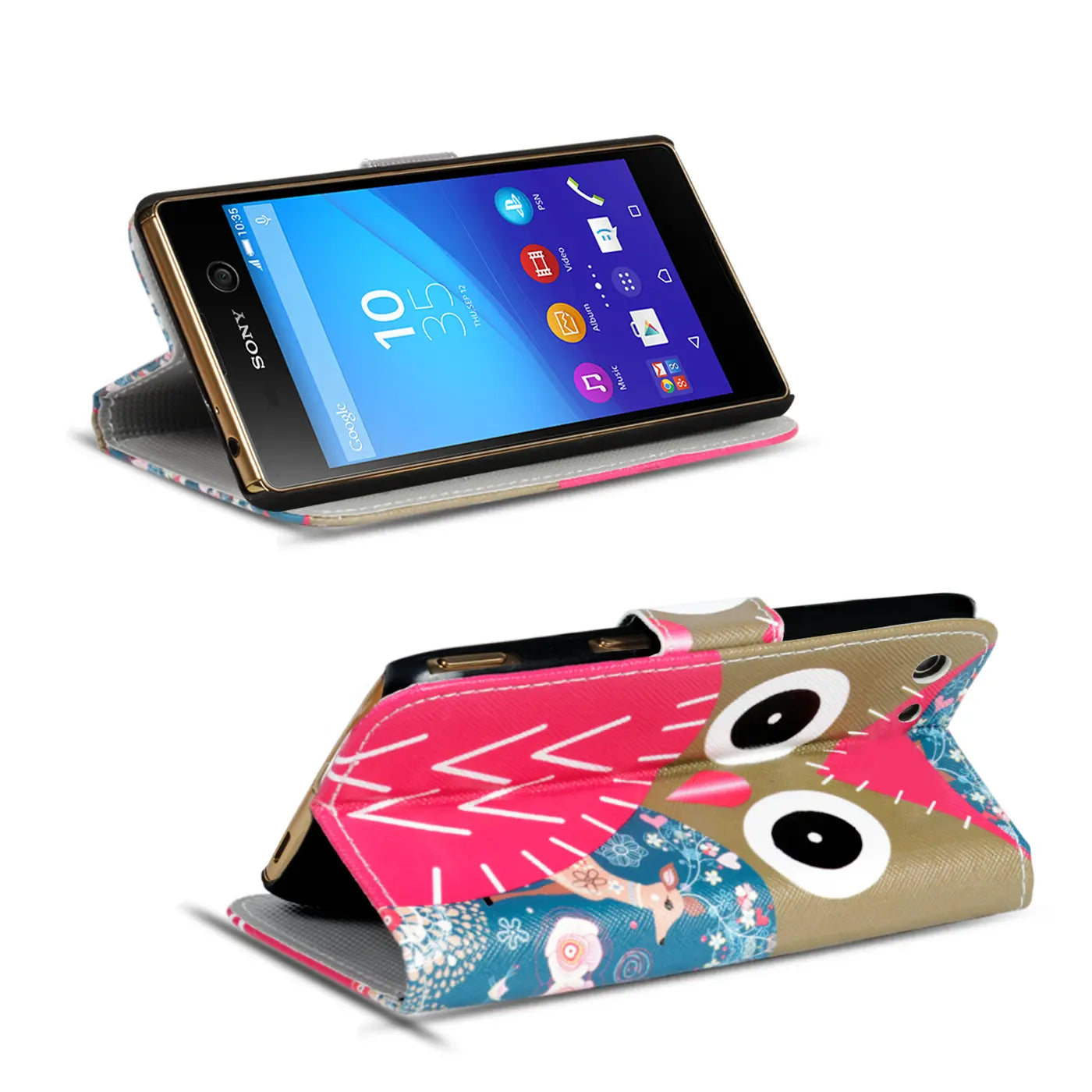 Sony Xperia M5 Klapphülle, Kunstleder, Motiv Eule, von vorne und oben gezeigt.
