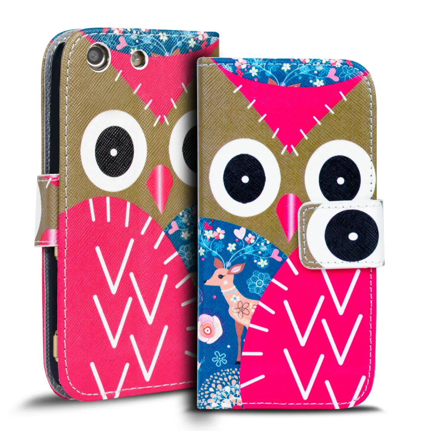 Zwei Klapphüllen aus Lederimitat mit Eulenmotiv, Pink/Blau, Vorderansicht.