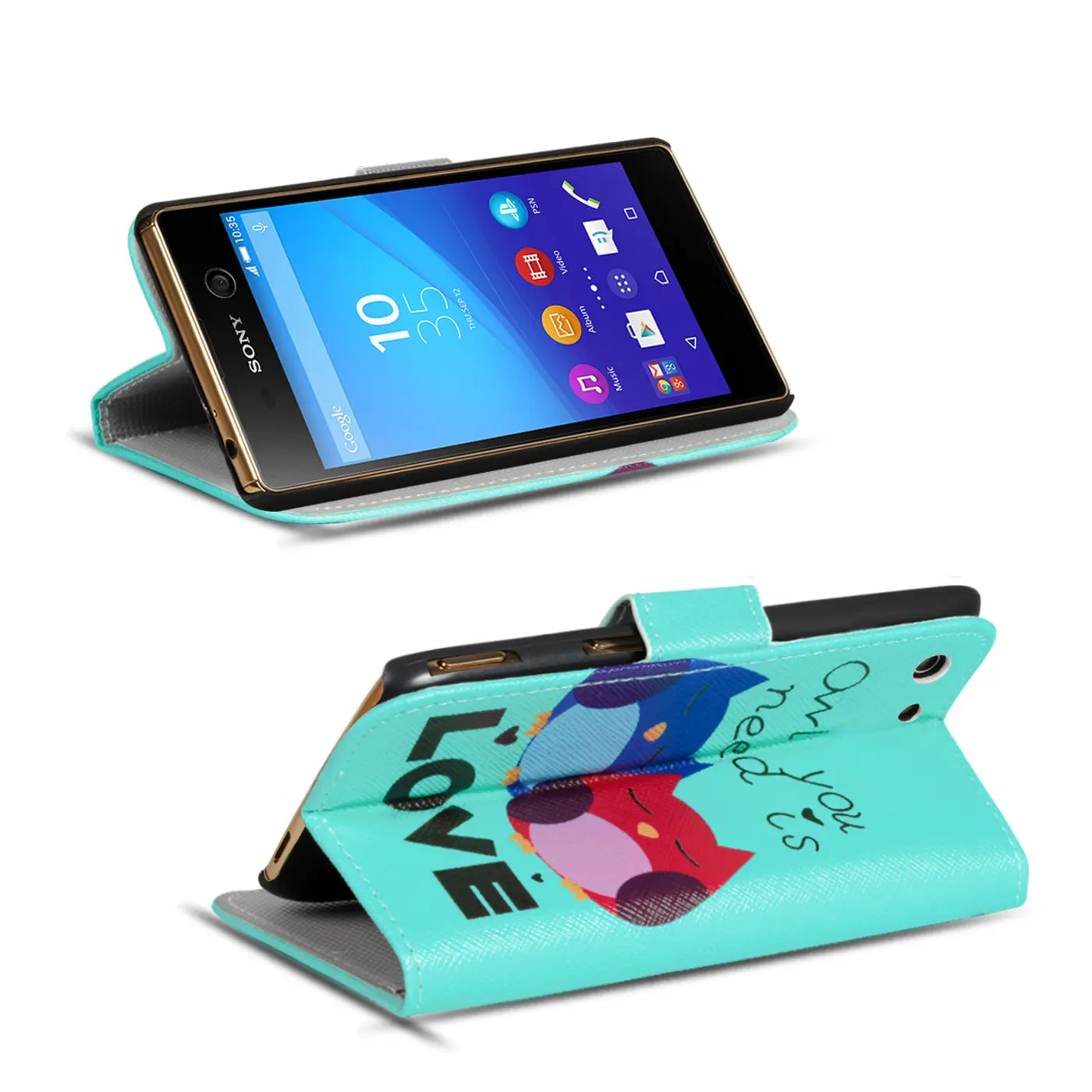 Türkisblaue Klapphülle aus Kunstleder mit Eulenmotiv für Sony Xperia M5, von vorne und hinten gezeigt.