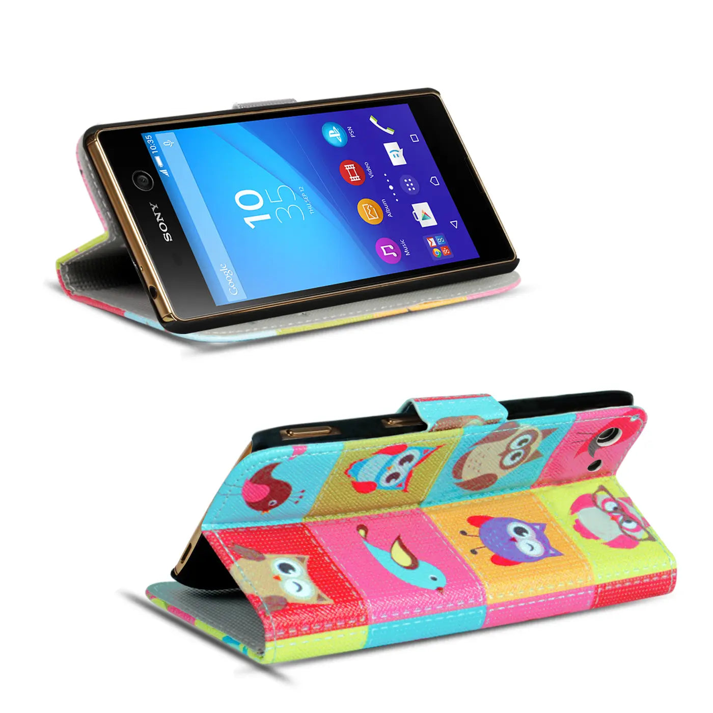 Sony Xperia M5 Klapphülle, bunt, Stoff, Motiv Eulen, von vorne