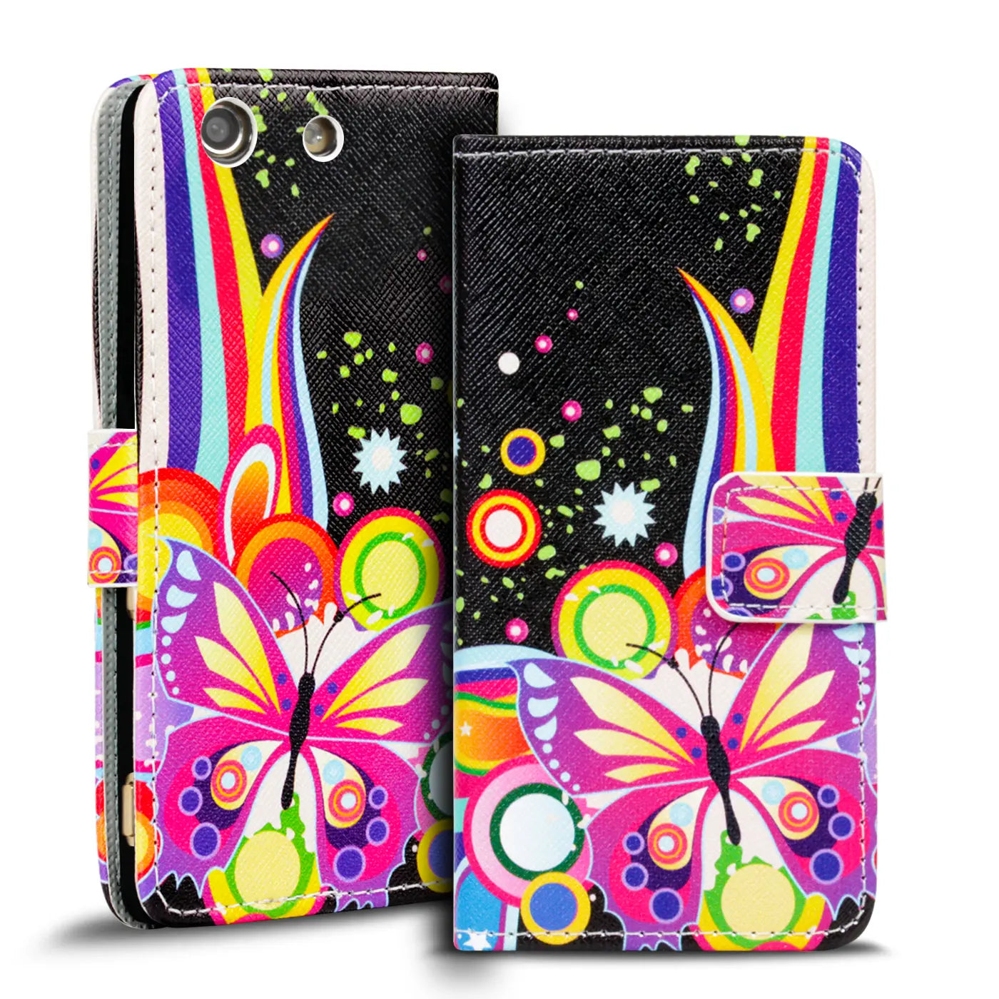 Klapphülle für Sony Xperia M5, buntes Schmetterlingsmotiv, Kunstleder, Vorderansicht