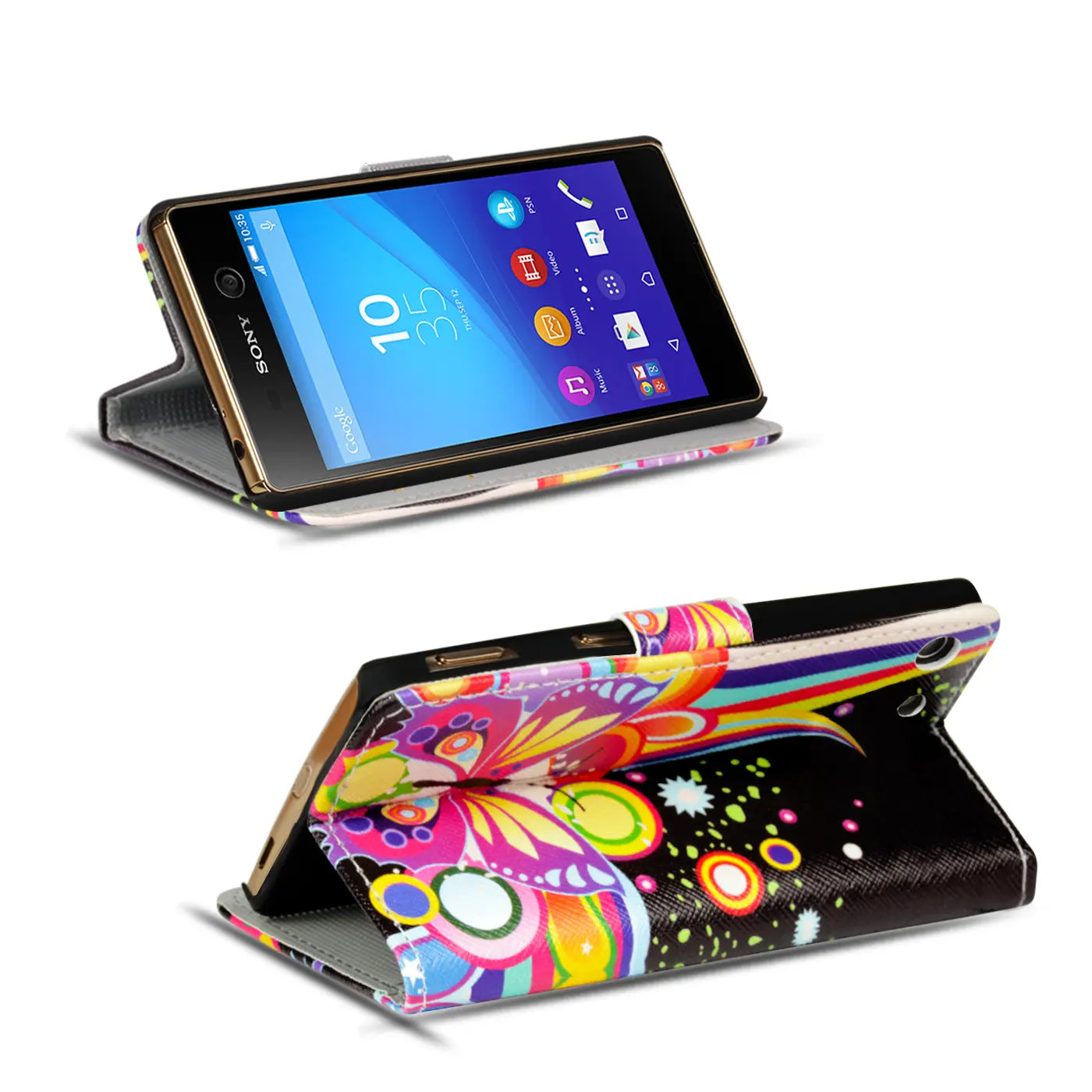 Sony Xperia M5 Klapphülle mit buntem Schmetterlingsmotiv, Leder, von vorne/oben