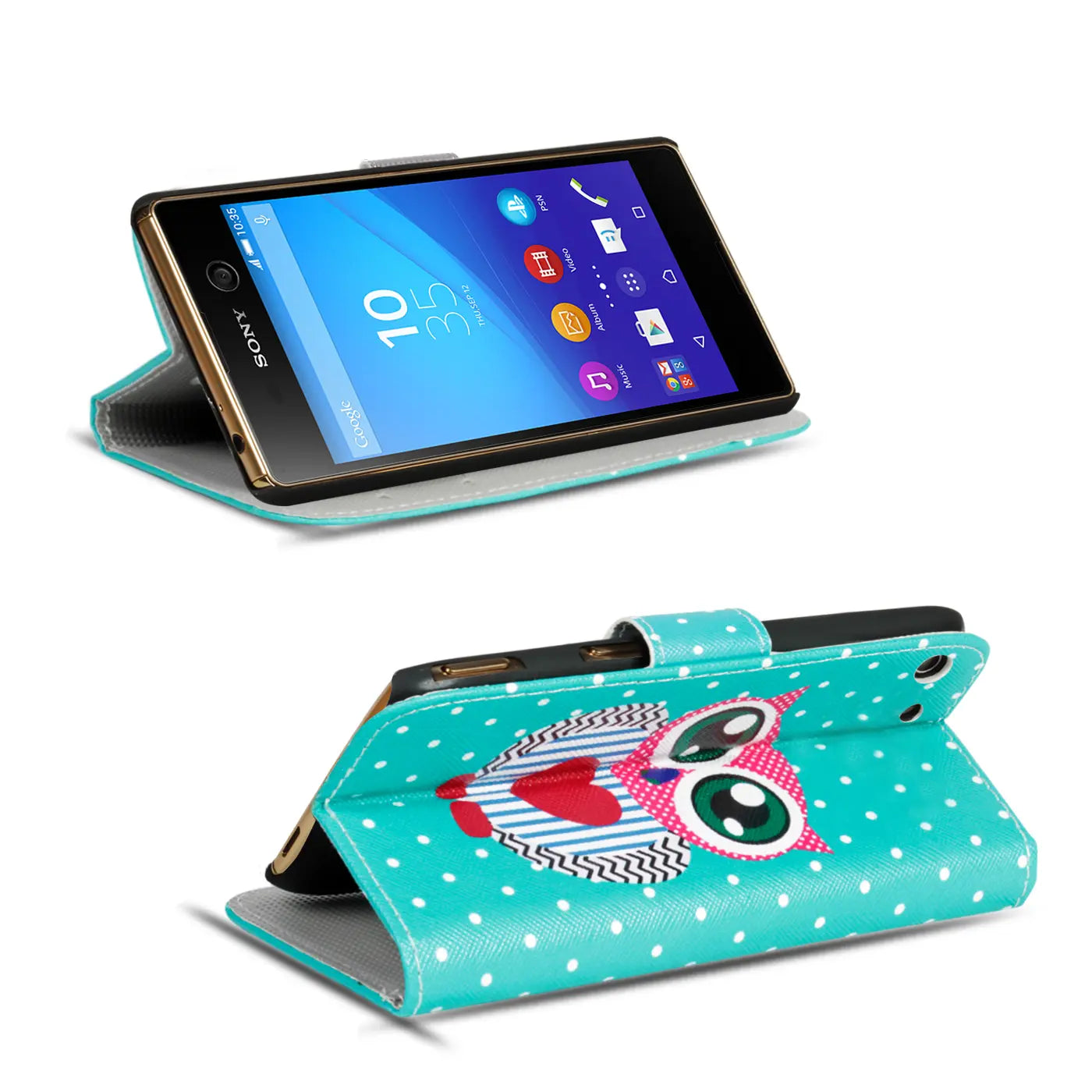 Sony Xperia M5 Klapphülle, türkis, Kunstleder, Eulenmotiv, von vorne
