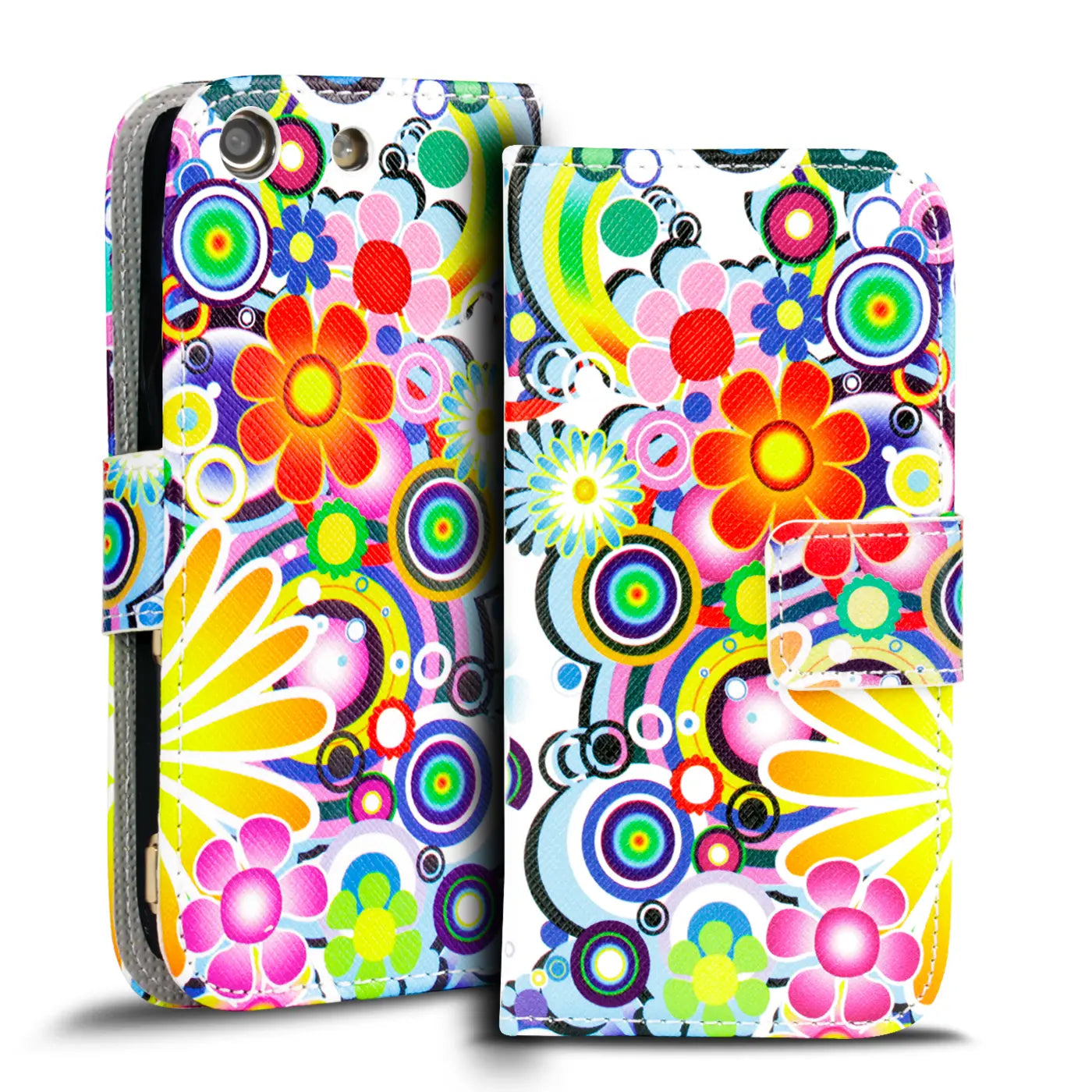 Sony Xperia M5 Klapphülle, buntes Blumenmuster, Kunstleder, Vorderansicht