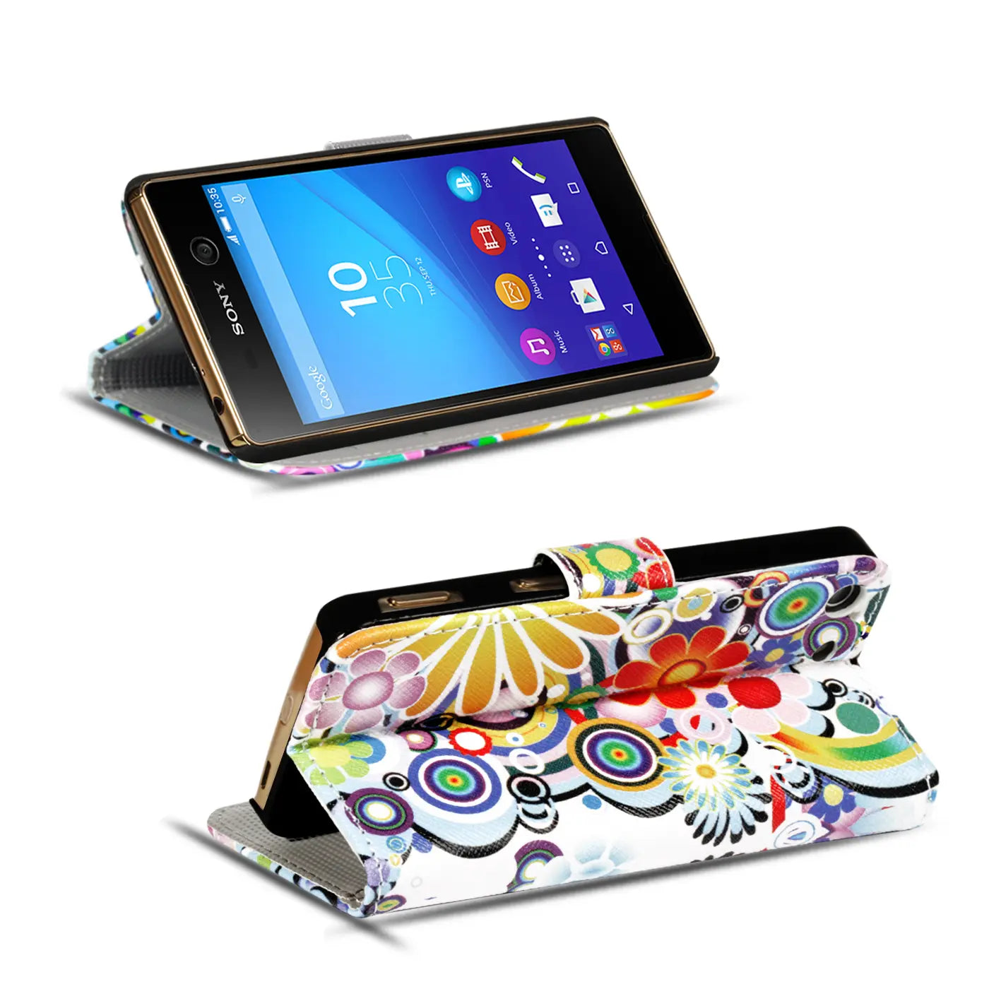 Sony Xperia M5 Klapphülle, buntes Blumenmuster, Leder-Optik, von vorne und oben
