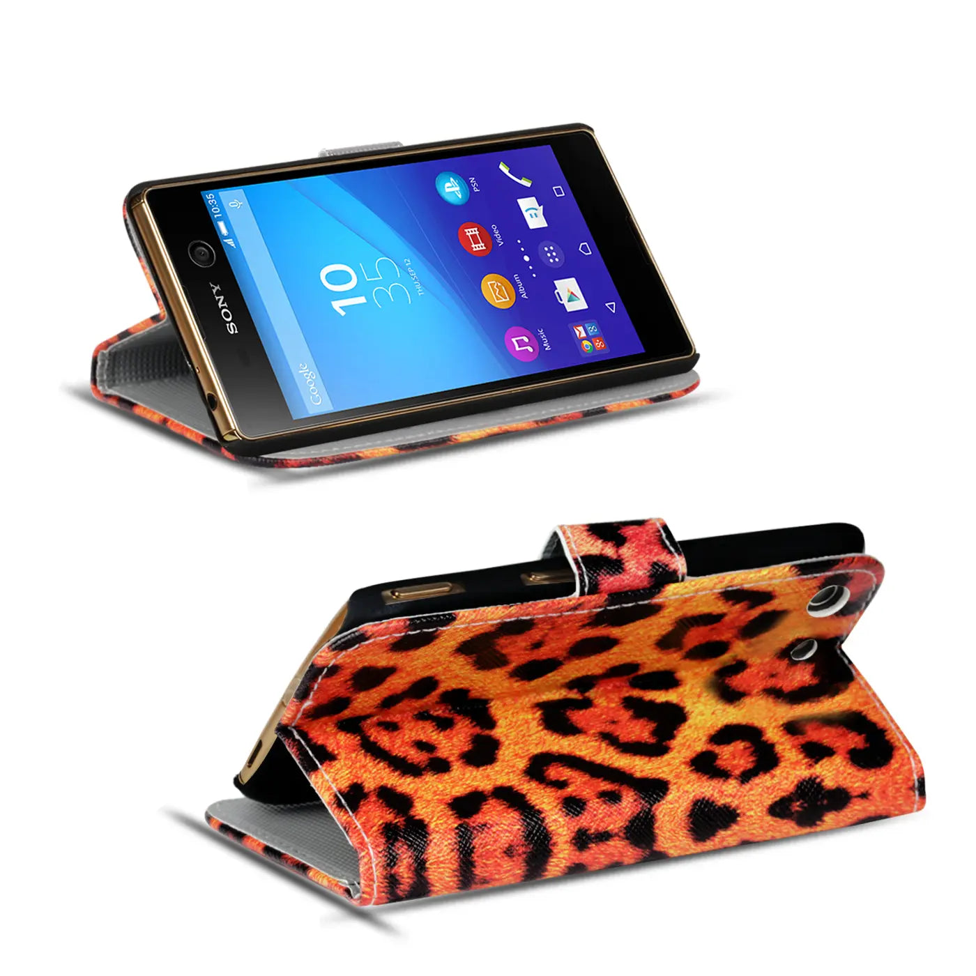 Sony Xperia M5 Klapphülle, orange/schwarz, Lederoptik, von vorne und hinten gezeigt