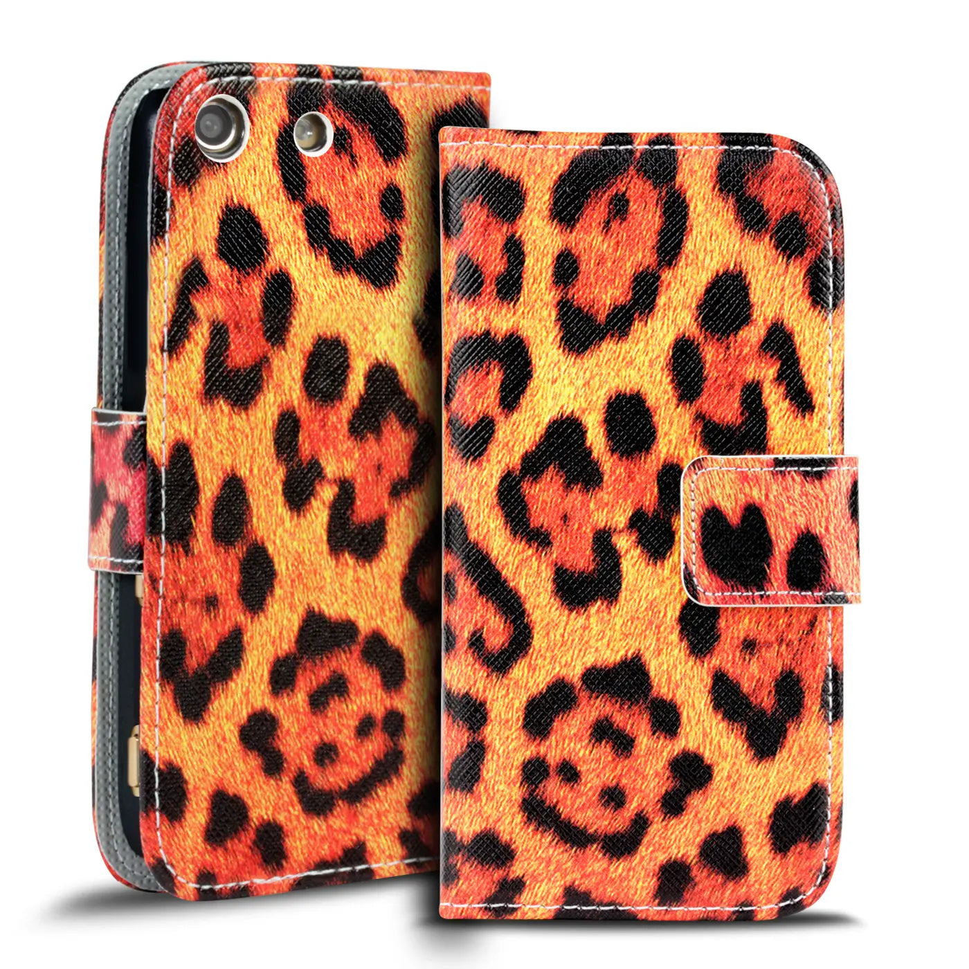 Klapphülle mit Leopardenmuster, orange/schwarz, Kunstleder, Vorderansicht, für Sony Xperia M5.
