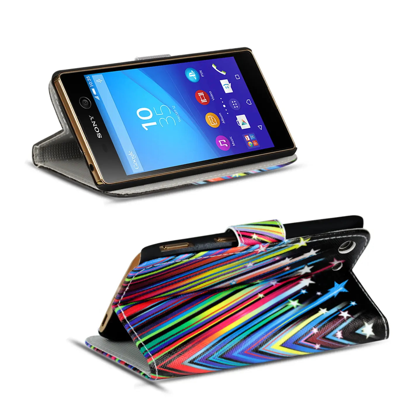 Sony Xperia M5 Klapphülle, buntes Motiv, Kunstleder, von vorne und von oben