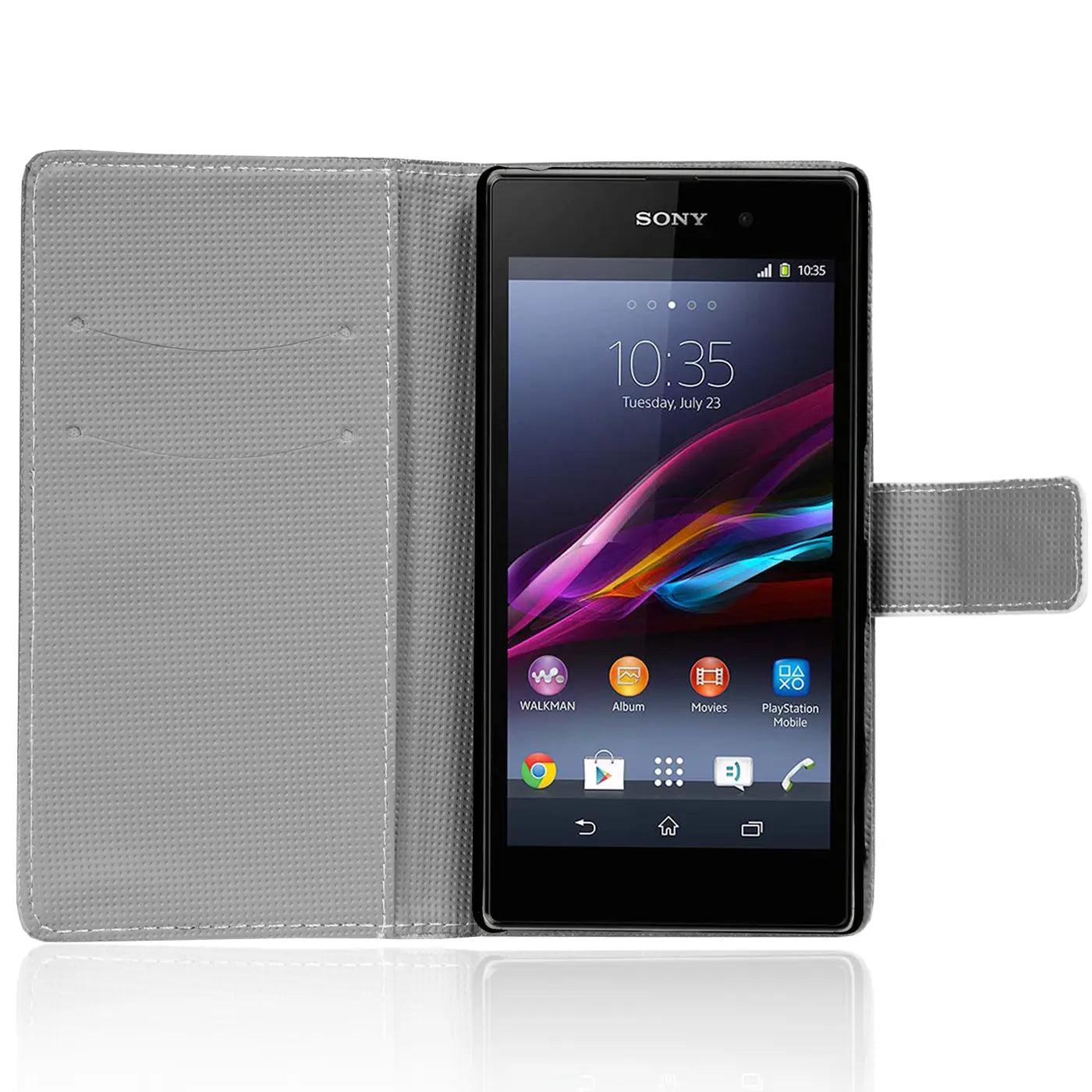 Graue Klapphülle aus Stoff mit Kartenfach, zeigt Sony Xperia Z1 von vorne.