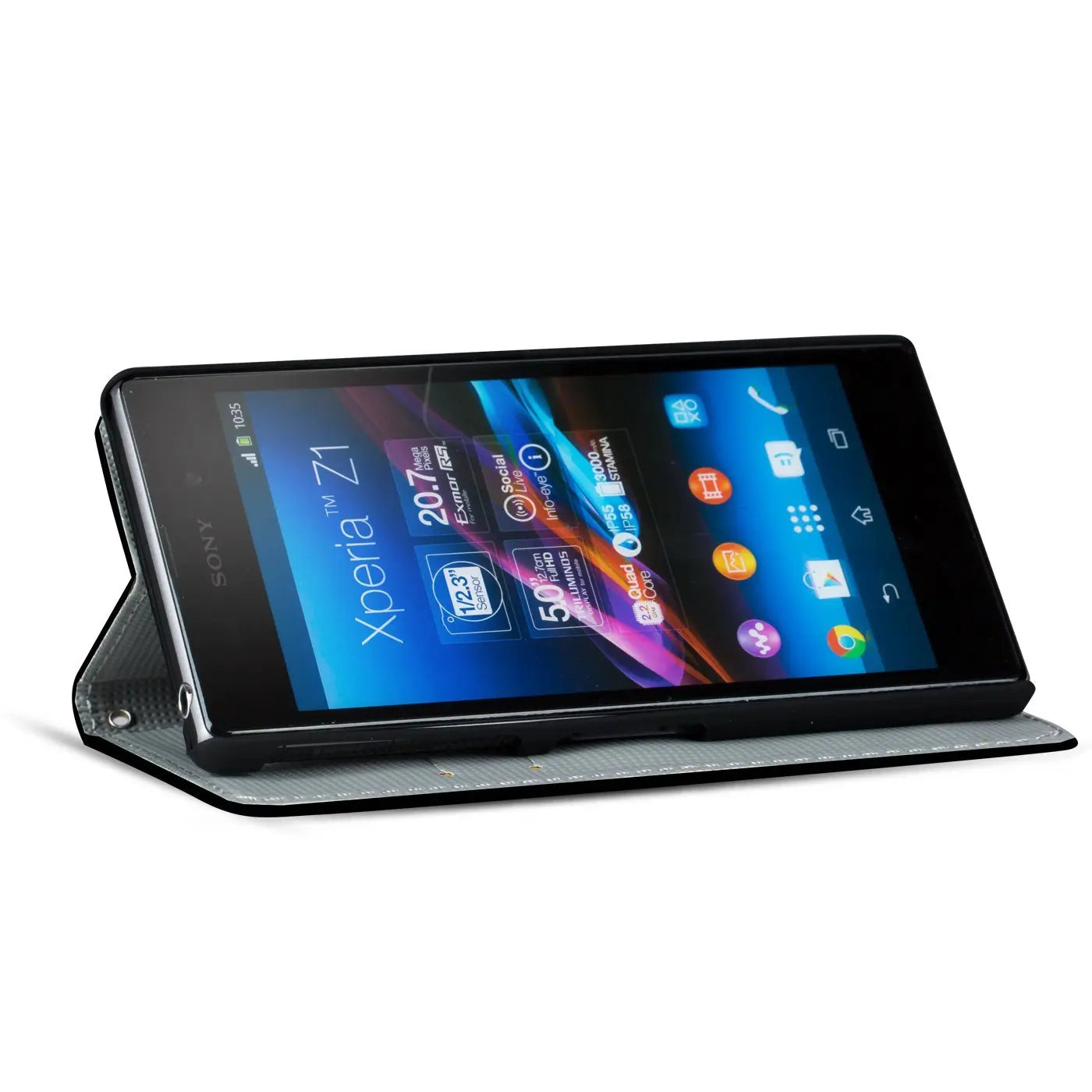 Sony Xperia Z1 in schwarzer Klapphülle, von vorne, mit Kartenfach