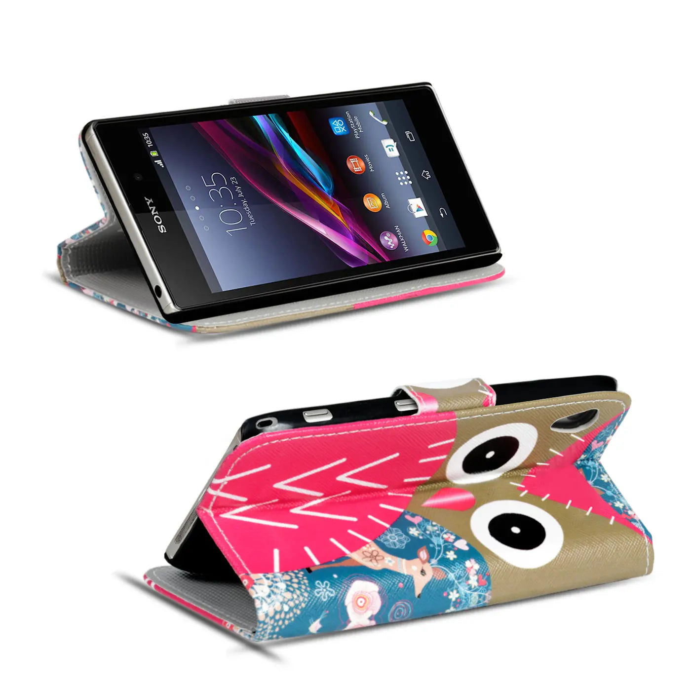 Sony Xperia Z1 Klapphülle, Kunstleder, Motiv Eule, von vorne und von oben
