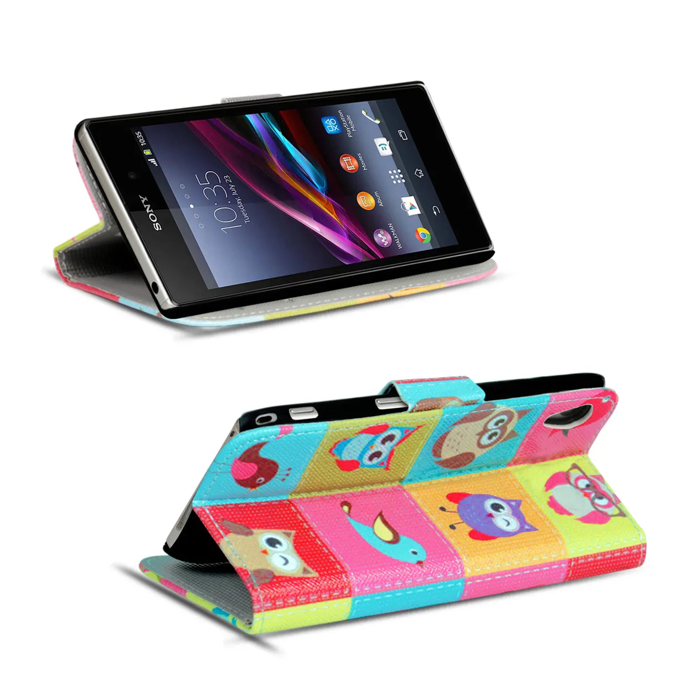 Sony Xperia Z1 Klapphülle, bunt, Stoff, mit Eulenmotiv, von vorne