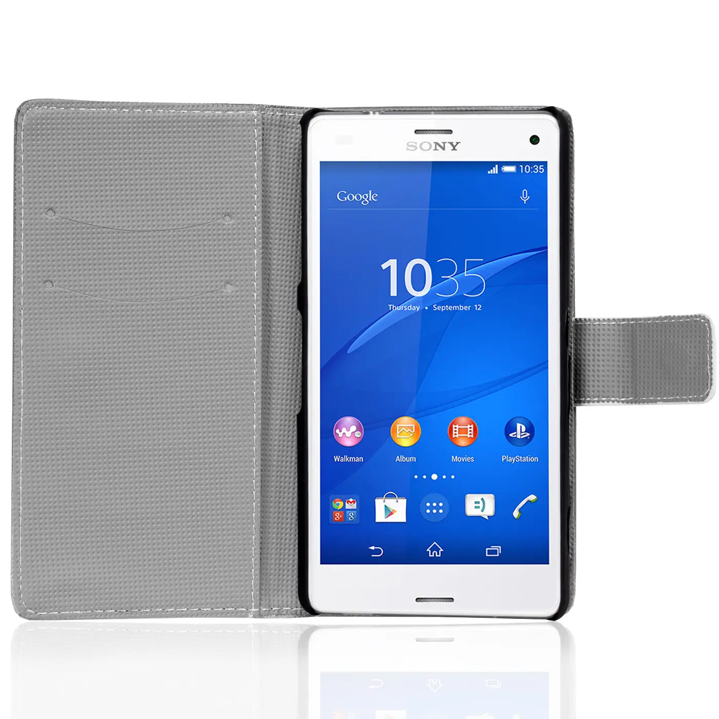 Graue Klapphülle aus Stoff mit Kartenfach, zeigt Sony Xperia Z3 von vorne.