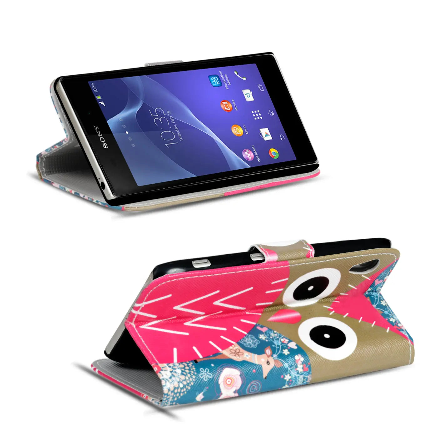 Sony Xperia Z3 Klapphülle, Kunstleder, Motiv Eule, von vorne und unten gezeigt.