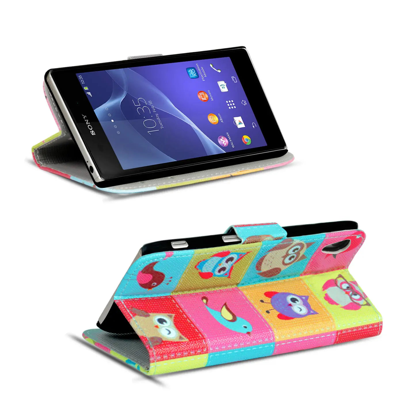 Sony Xperia Z3 Klapphülle mit Eulenmotiv, bunt, Leder-Optik, von vorne