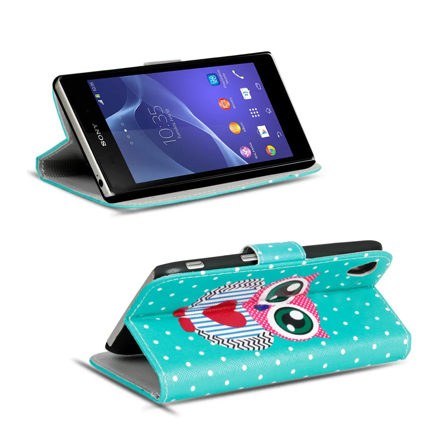 Türkis-weiße Polka Dot Klapphülle mit Eulenmotiv, Sony Xperia Z3, von vorne/oben