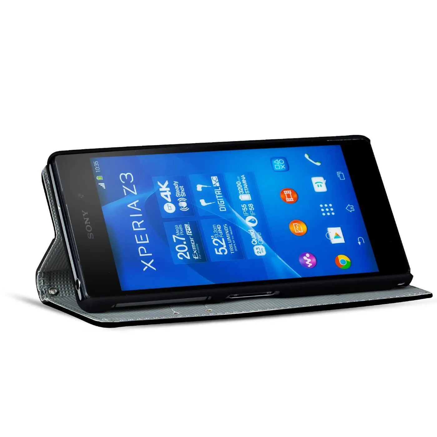Sony Xperia Z3+ Klapphülle, Lederoptik, grau, von vorn links, mit Kartenfach